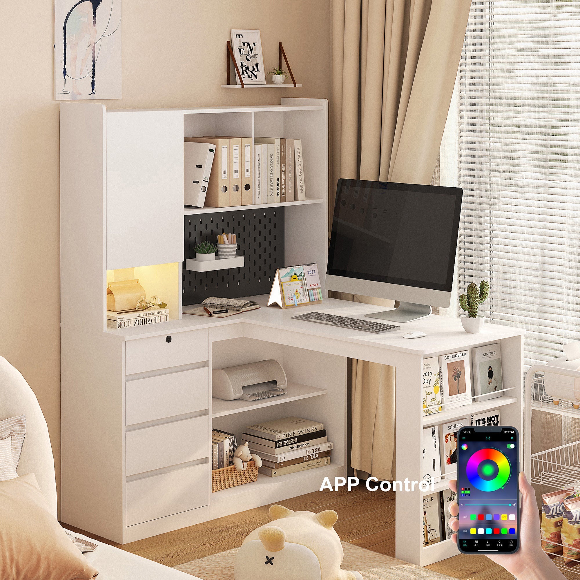 L-Shaped Desk with Bookshelf, Charging Station, Drawers & LED Light
