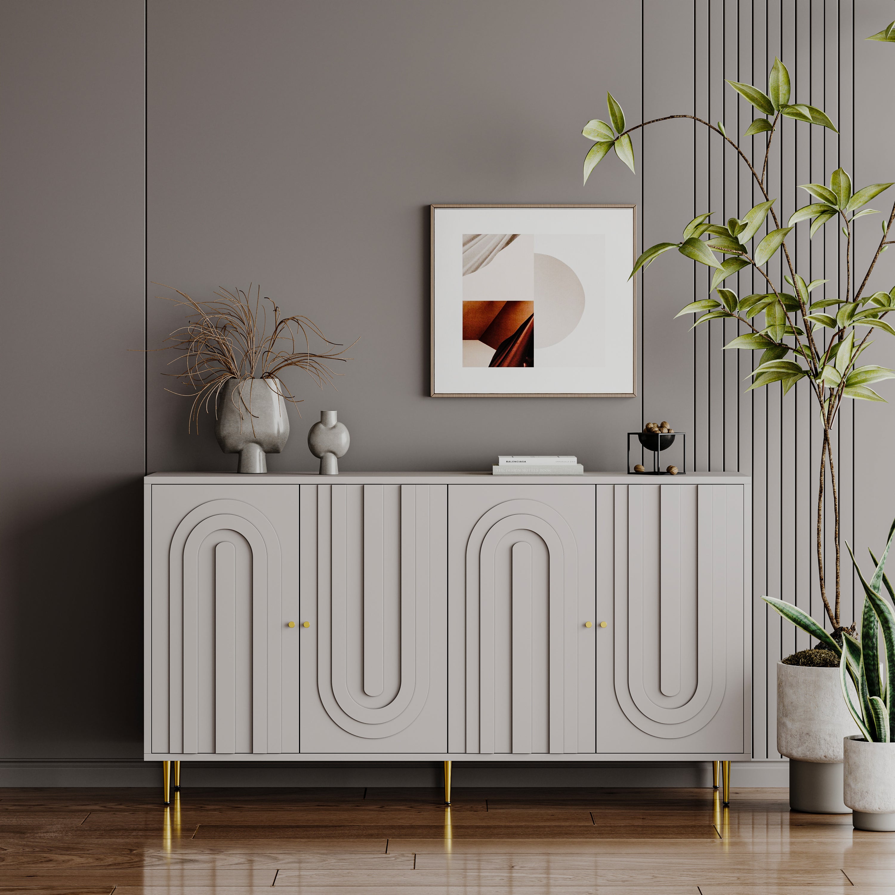 4-door sideboard with gold metal legs and knobs detail