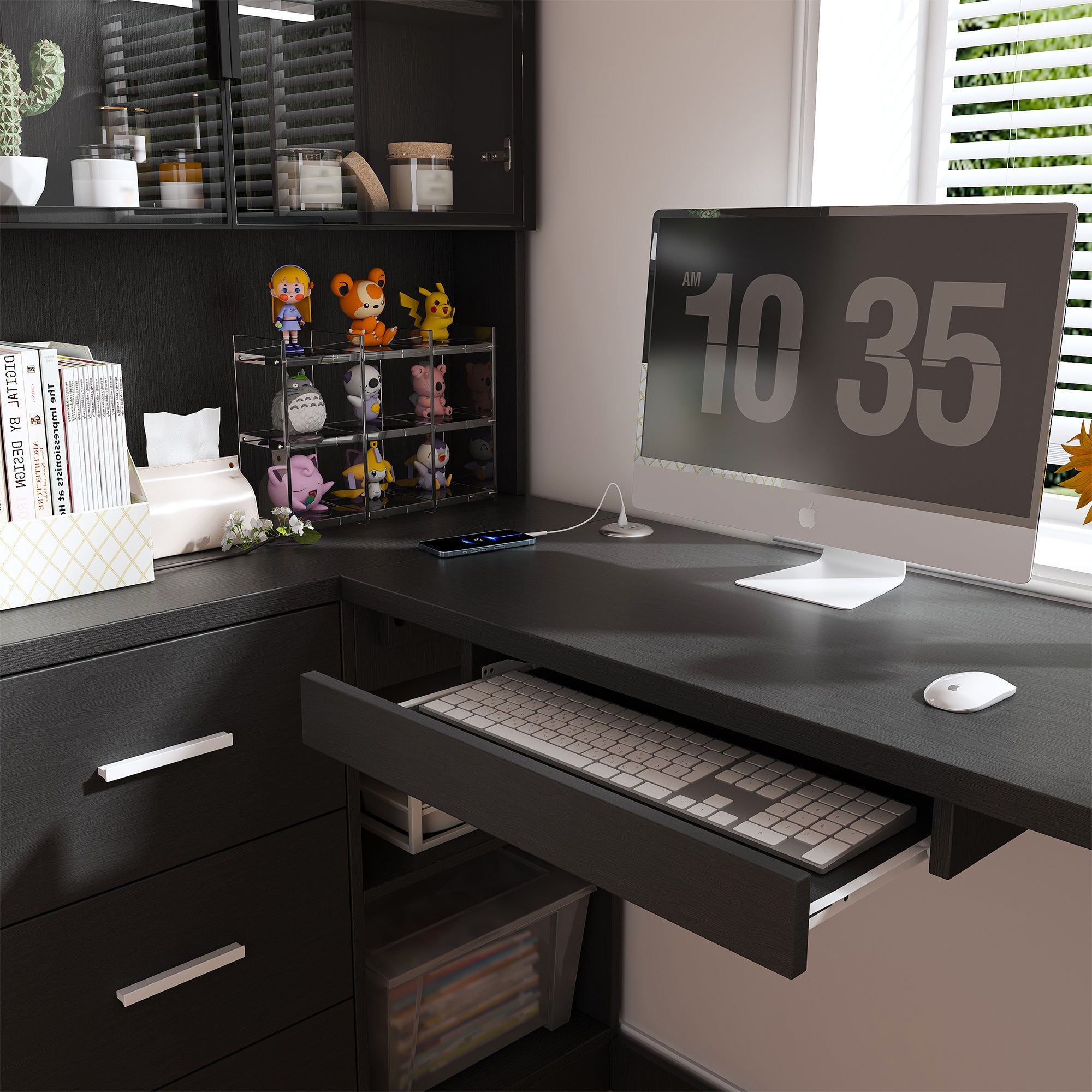 L-Shaped Computer Desk with Glass Cabinets, LED Lights & USB Charging — 43-Inch