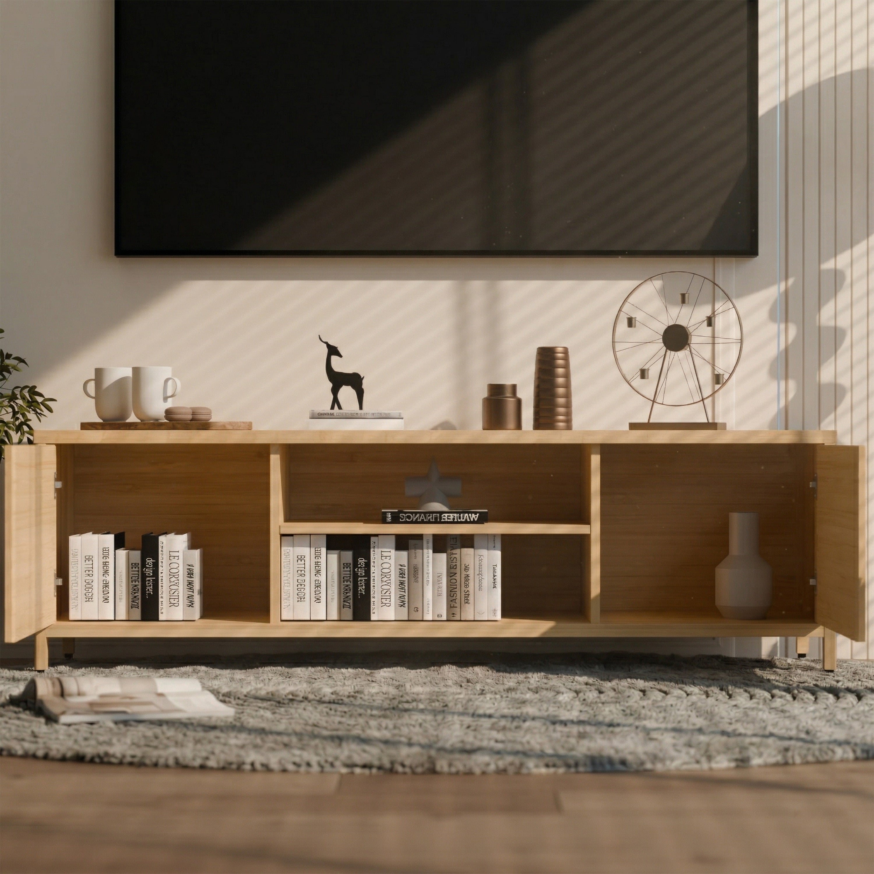 Natural bamboo TV stand 2-door cabinet — angle view