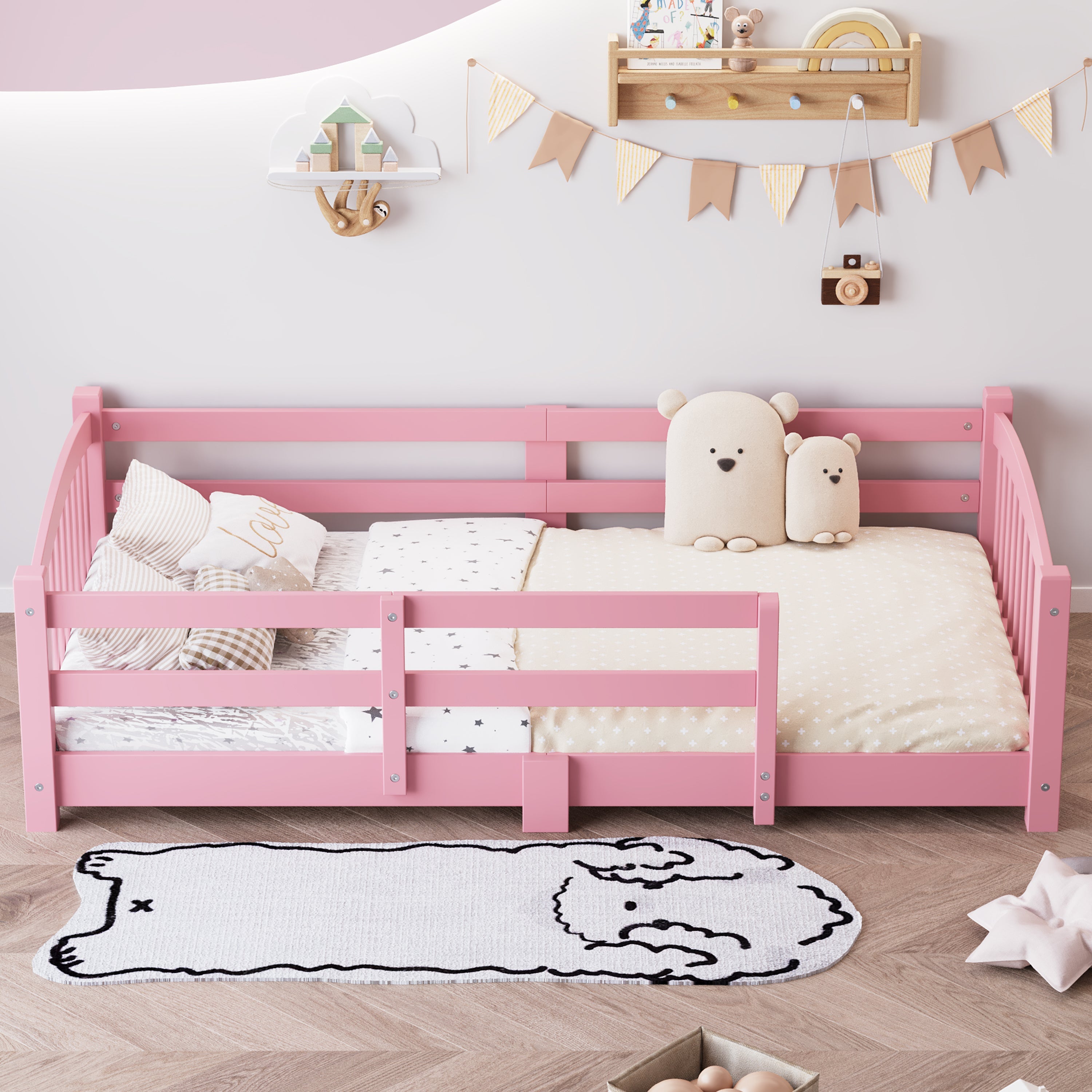 Twin Montessori Floor Bed with Slats and Safety Guardrails, Solid Wood Floor Bed with Fence and Without Door, Easy Assemble Montessori Bed for Girls and Boys, Gray
