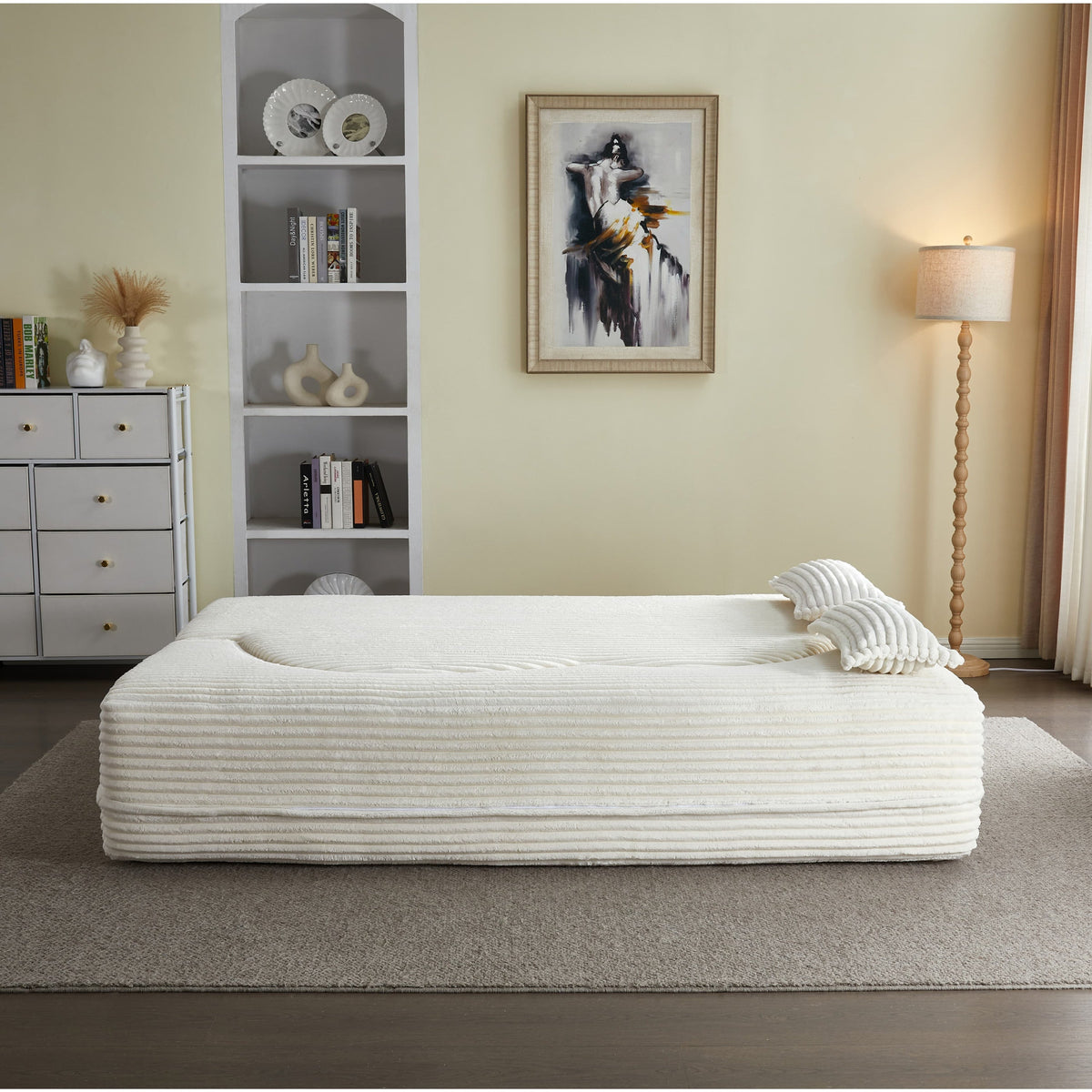 Modern Floor Sofa with 2 Pillows, Convertible Plush Corduroy Foam-Filled Sleeper Sofa Bed,15 ' Full Size Folding Mattress for Living Room, Guest Bed, no assembly required, Light Grey