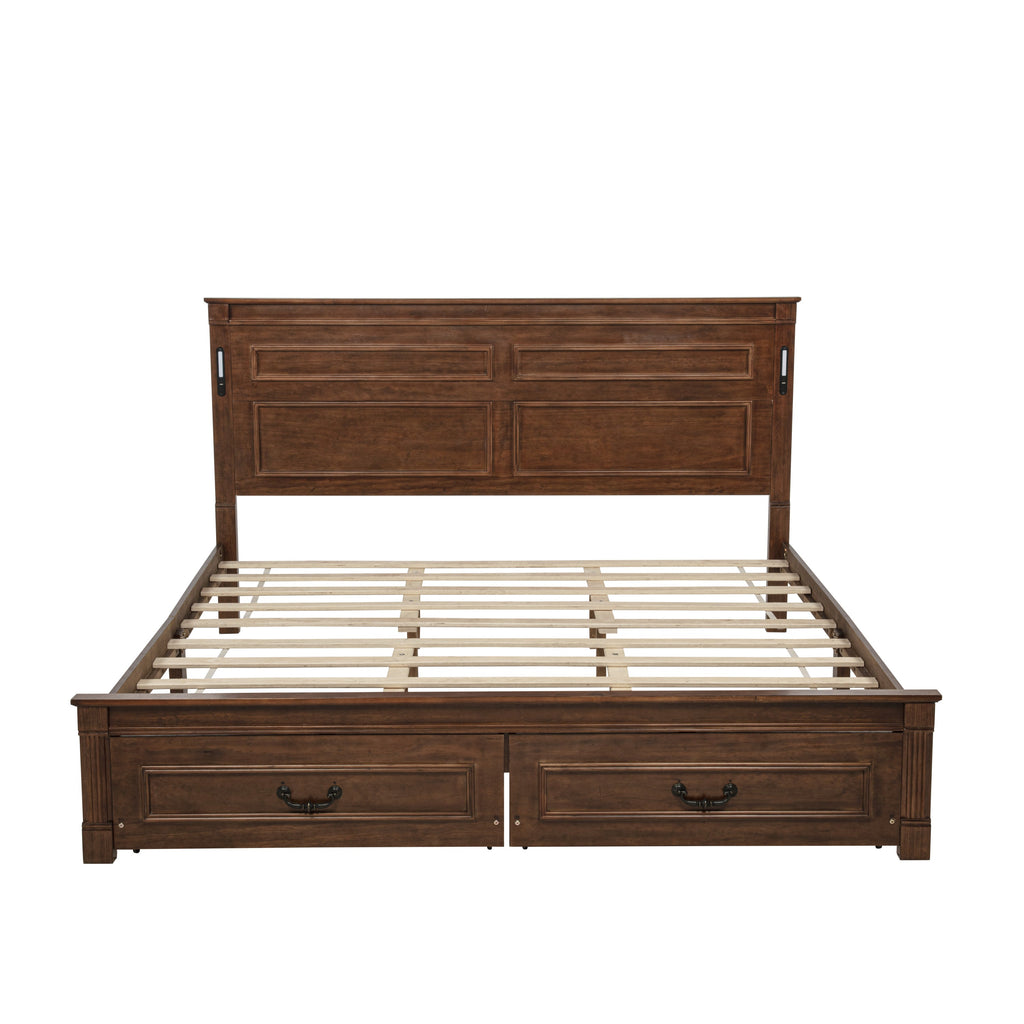 King Size Bed with Tall-Panel Headboard & Footboard, 2 Storage Drawers, Built-in LED Lights, USB Charging Station, Pinewood Bed with Strengthened Bed Frame ,White