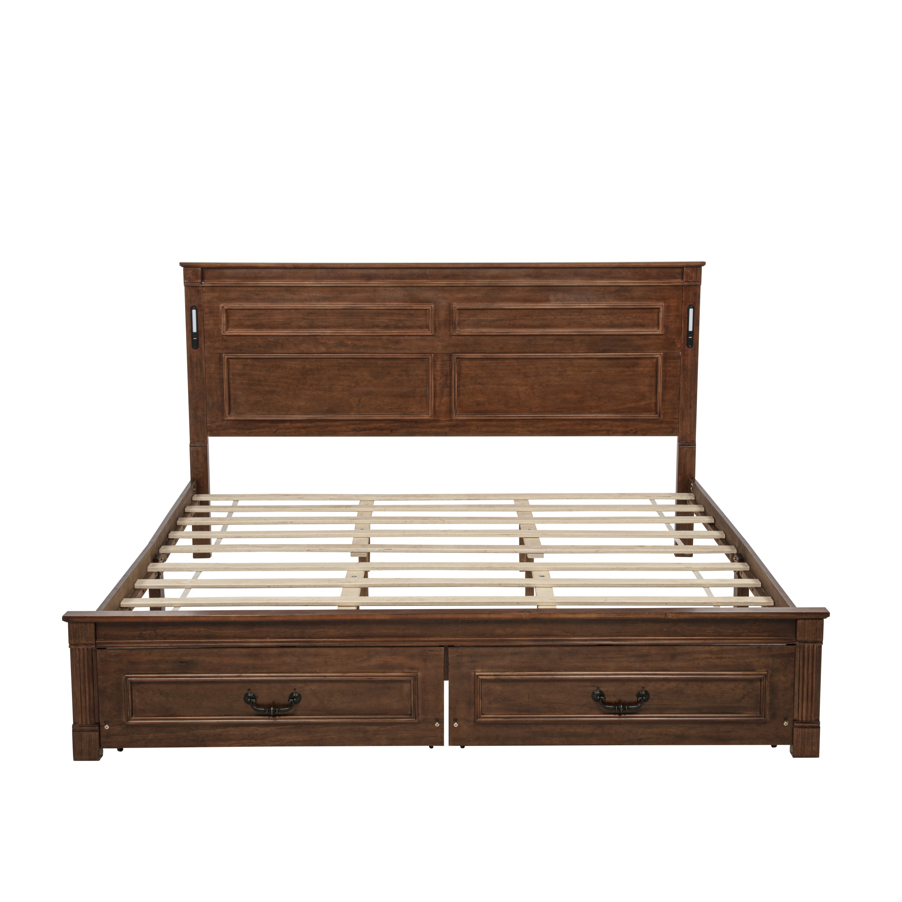 King Size Bed with Tall-Panel Headboard & Footboard, 2 Storage Drawers, Built-in LED Lights, USB Charging Station, Pinewood Bed with Strengthened Bed Frame ,White