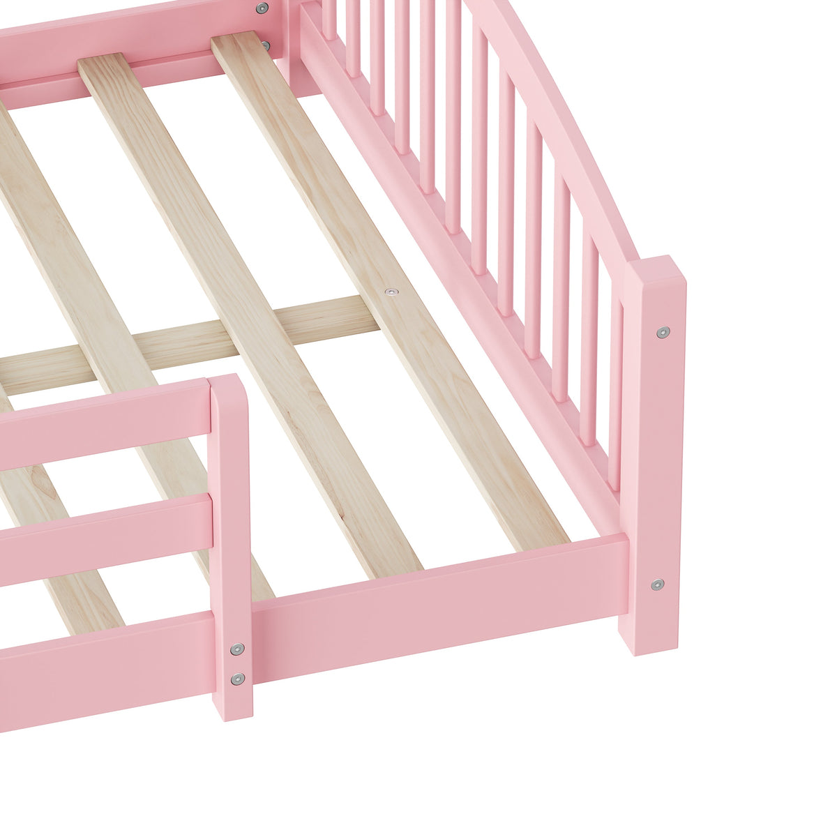 Full Montessori Floor Bed with Slats and Safety Guardrails, Solid Wood Floor Bed with Fence and Without Door, Easy Assemble Montessori Bed for Girls and Boys, Gray