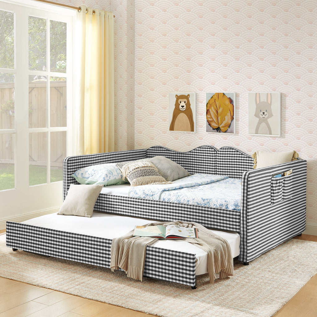 Full‑Size Daybed,Gingham Upholstered Daybed Equipped with Pull-Out Trundle Bed Frame & Side Storage Pocket, Solid Wood Frame Multi-Functional Sofa Bed for Kids Room & Guest Bedroom-PINK