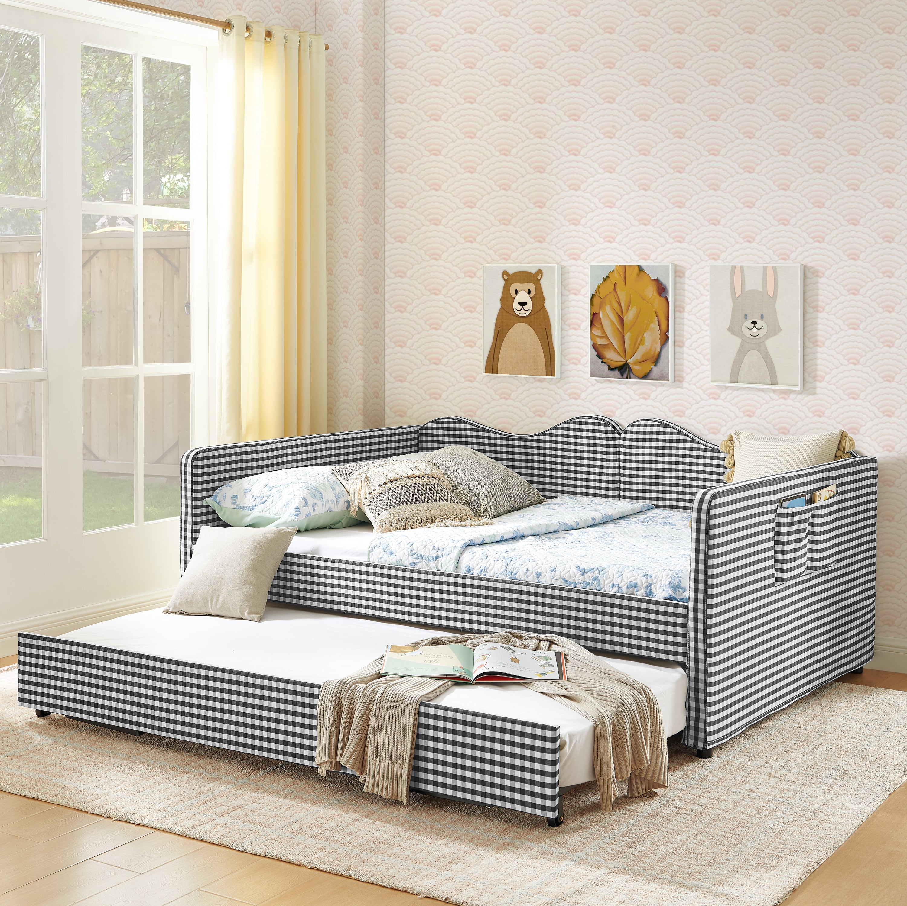 Full‑Size Daybed,Gingham Upholstered Daybed Equipped with Pull-Out Trundle Bed Frame & Side Storage Pocket, Solid Wood Frame Multi-Functional Sofa Bed for Kids Room & Guest Bedroom-PINK