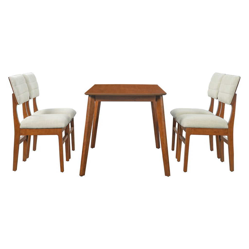 Farmhouse Dining Table Set for 4, Wood Kitchen Table & 4 Upholstered Chairs with Sturdy Rubber Wood Frame, Padded Seat, Curved Backrest, Space-Saving Dinette Set for Dining Room, Brown+Gray