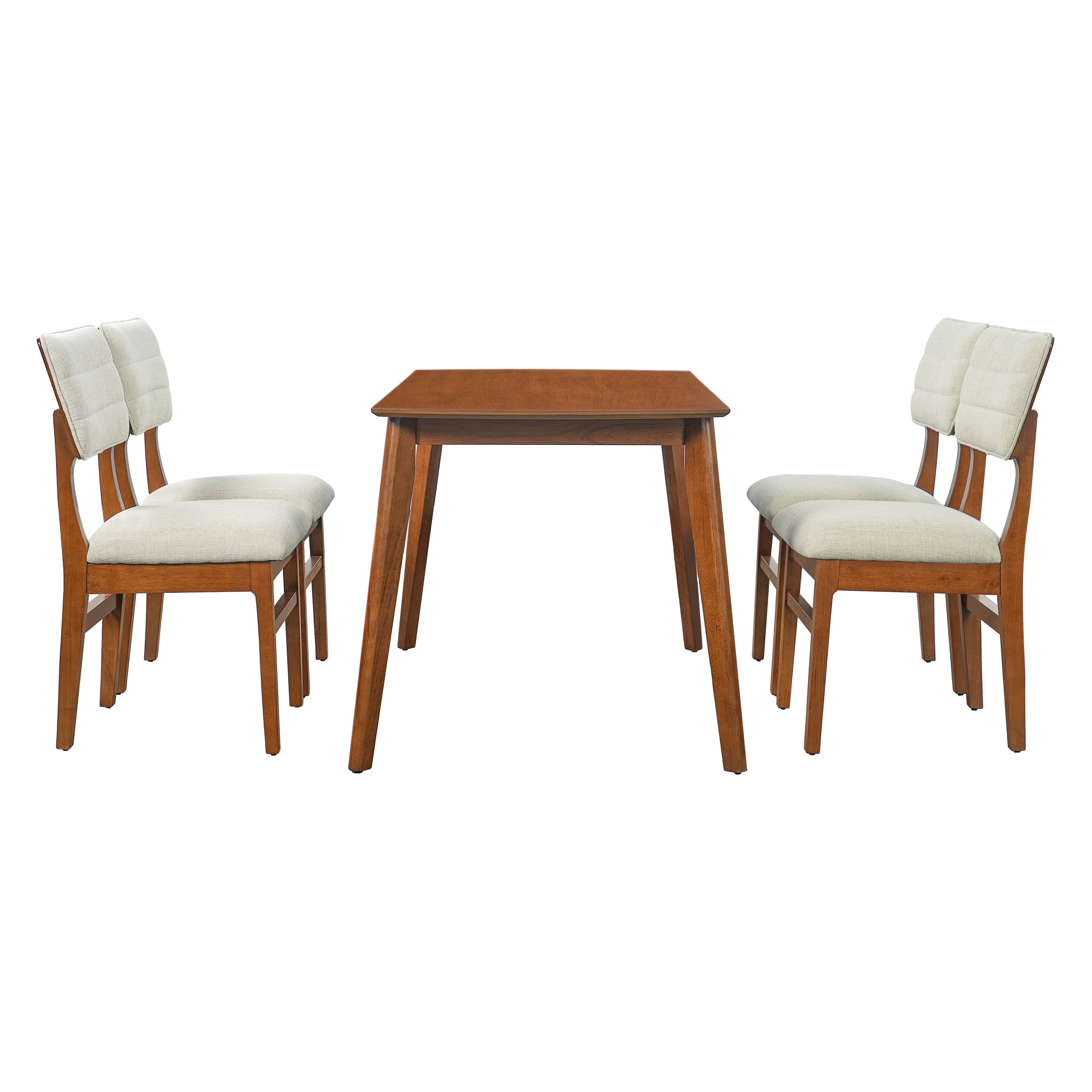 Farmhouse Dining Table Set for 4, Wood Kitchen Table & 4 Upholstered Chairs with Sturdy Rubber Wood Frame, Padded Seat, Curved Backrest, Space-Saving Dinette Set for Dining Room, Brown+Gray