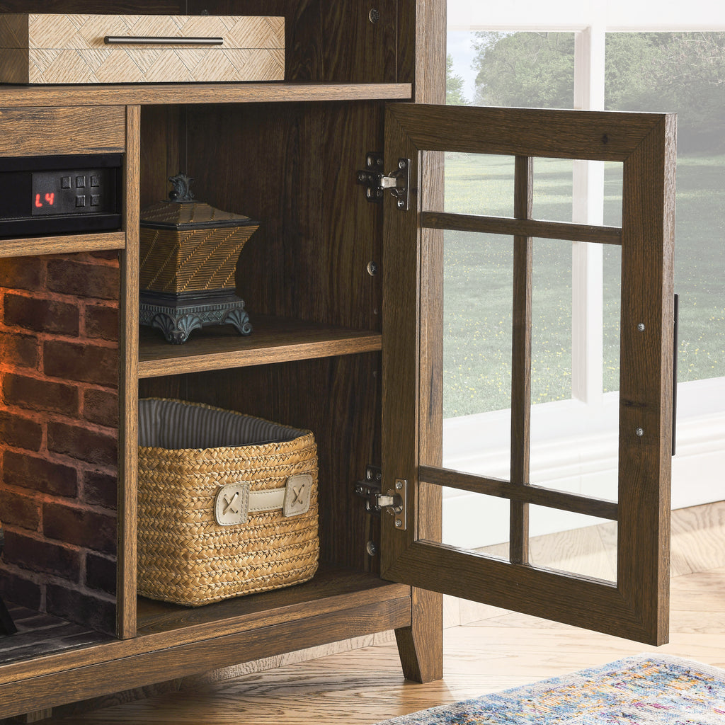 Reclaimed barnwood TV stand electric fireplace in living room setting