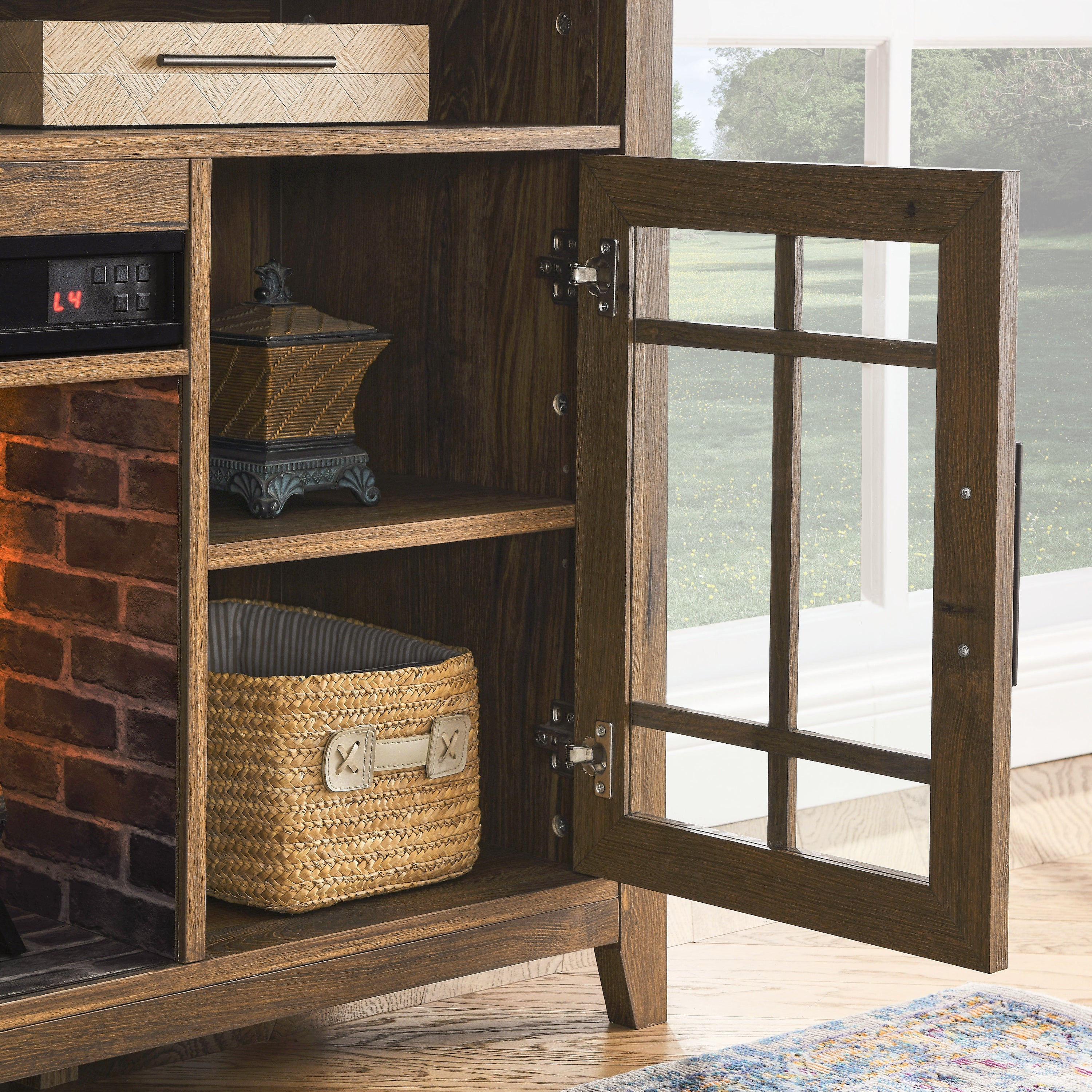 Reclaimed barnwood TV stand electric fireplace in living room setting