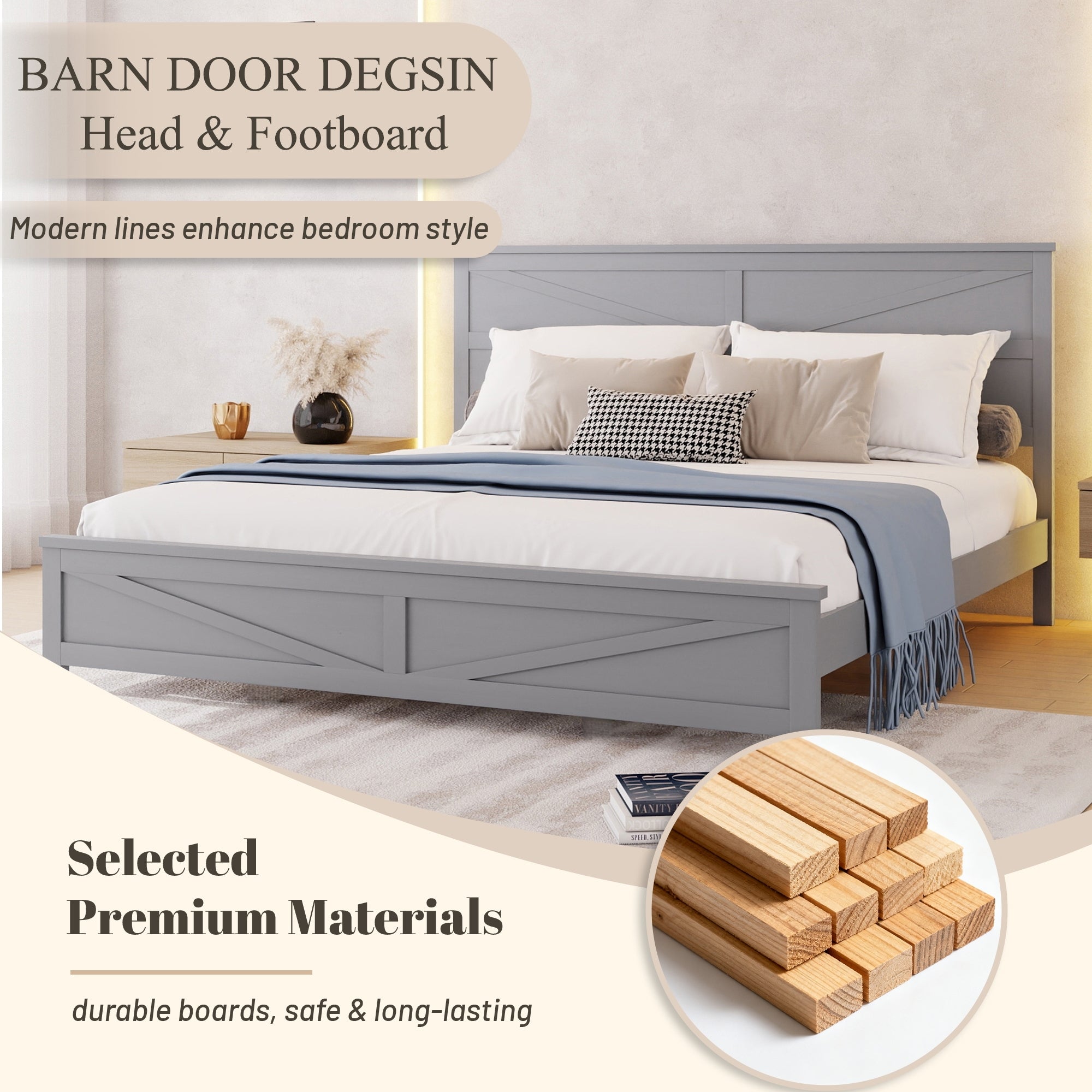 Farmhouse Style King Size Bed with Barn Door Designed Headboard and Footboard, Pinewood Bed with Strengthened Bed Frame,White