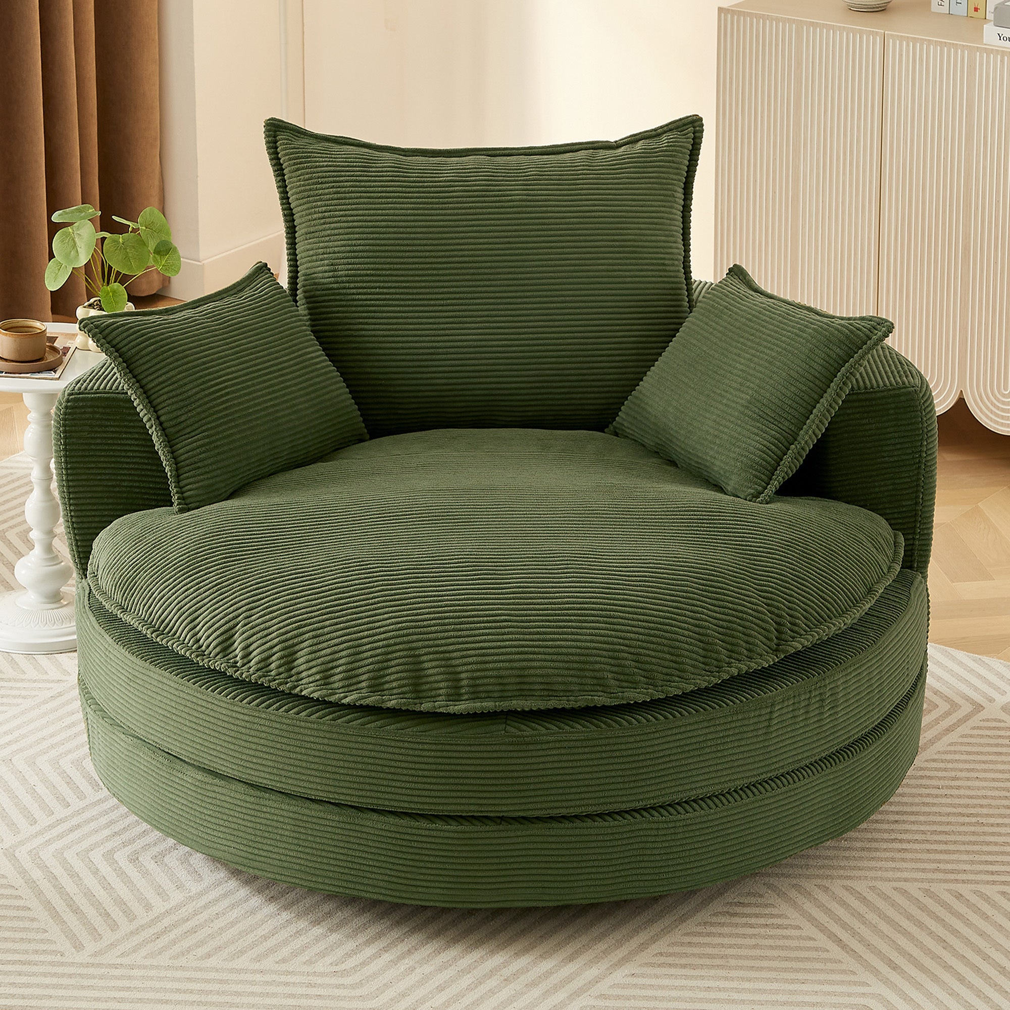 Corduroy Swivel Barrel Chair — 360° with Removable Pillows