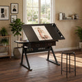 adjustable drawing drafting table desk with 2 drawers for home office and school with stool(black)