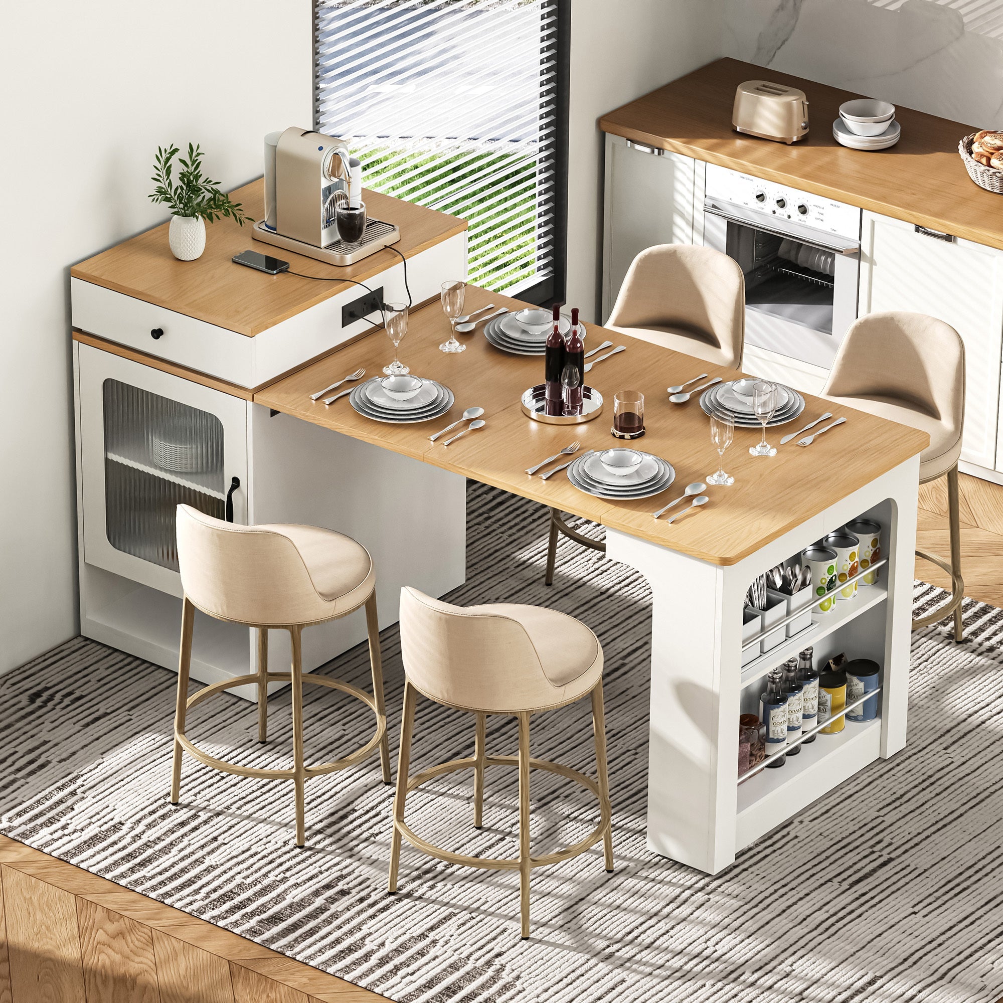 K&K 59.5' Kitchen Island with Extendable Dining Table, Kitchen Storage Table with Double-sided Storage, Kitchen Island with 2 Drawers, Power Outlet, Side Open Shelves, for Kitchen, Dining Room, Black