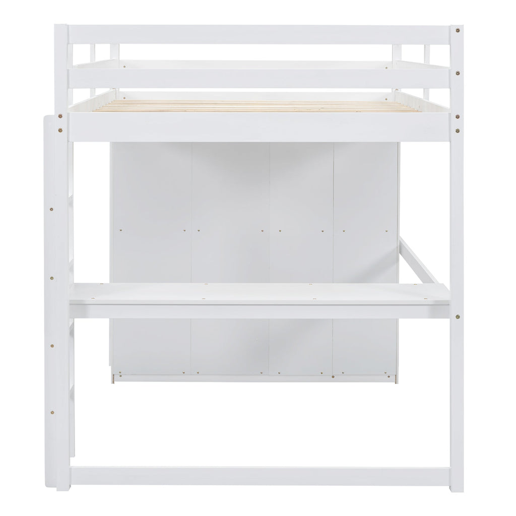 Full Size Loft Bed with Wardrobe, Desk & Storage Drawers — Pine Wood