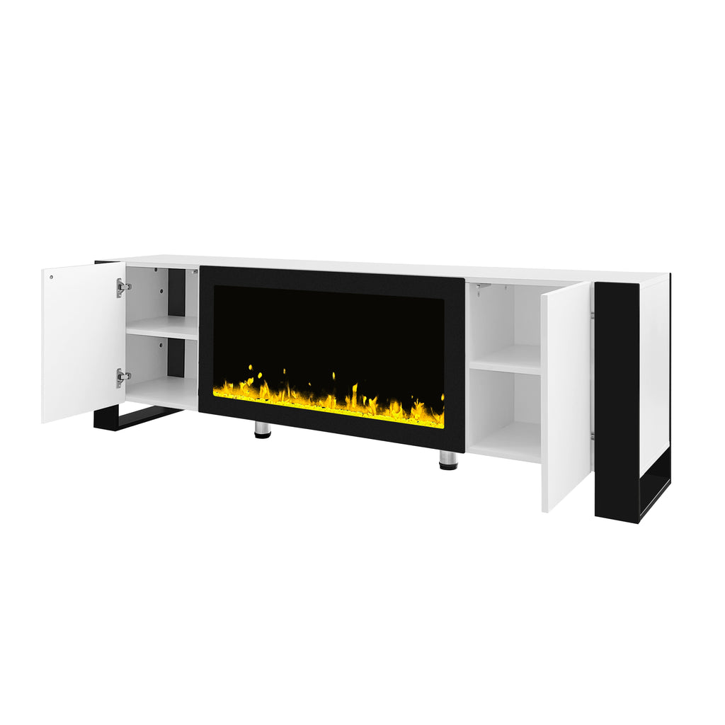 White high-gloss TV stand side profile with fireplace