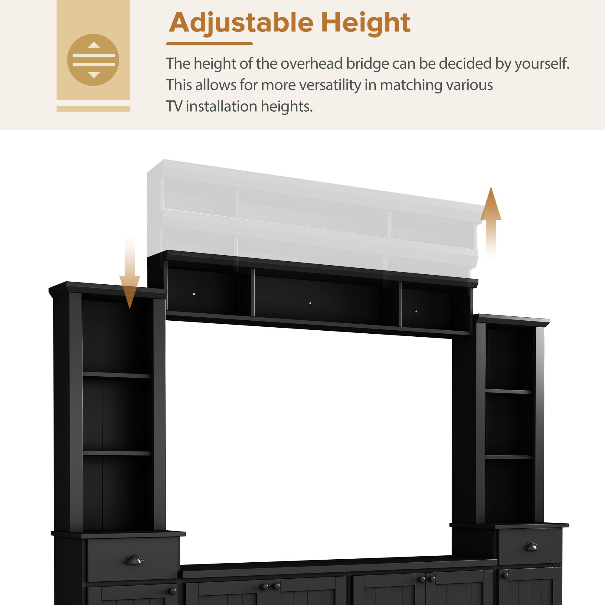 103-inch black TV wall unit with overhead bridge angle view