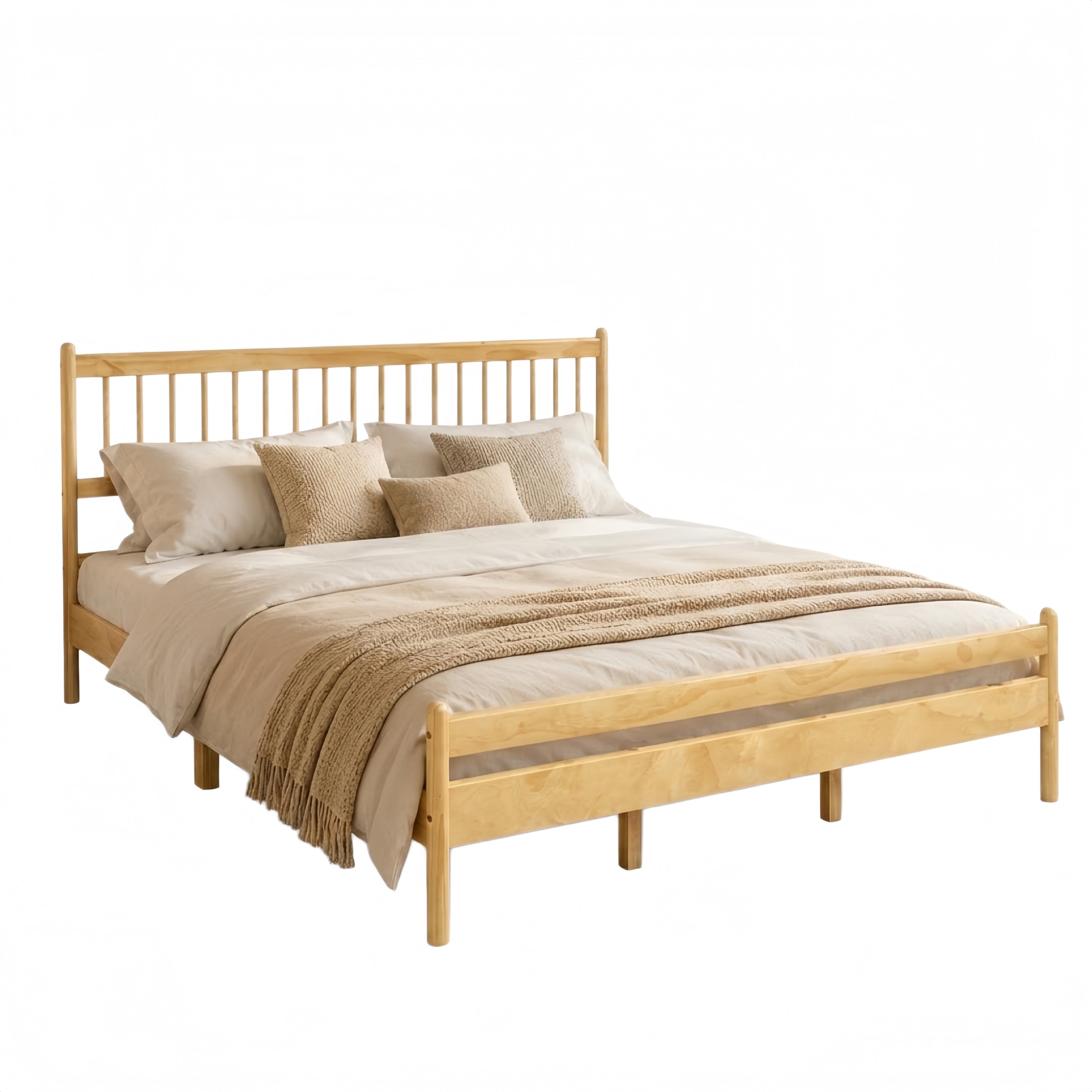 Traditional Style King Size Bed with Headboard and Footboard, Pinewood Bed with Strengthened Bed Frame,Walnut