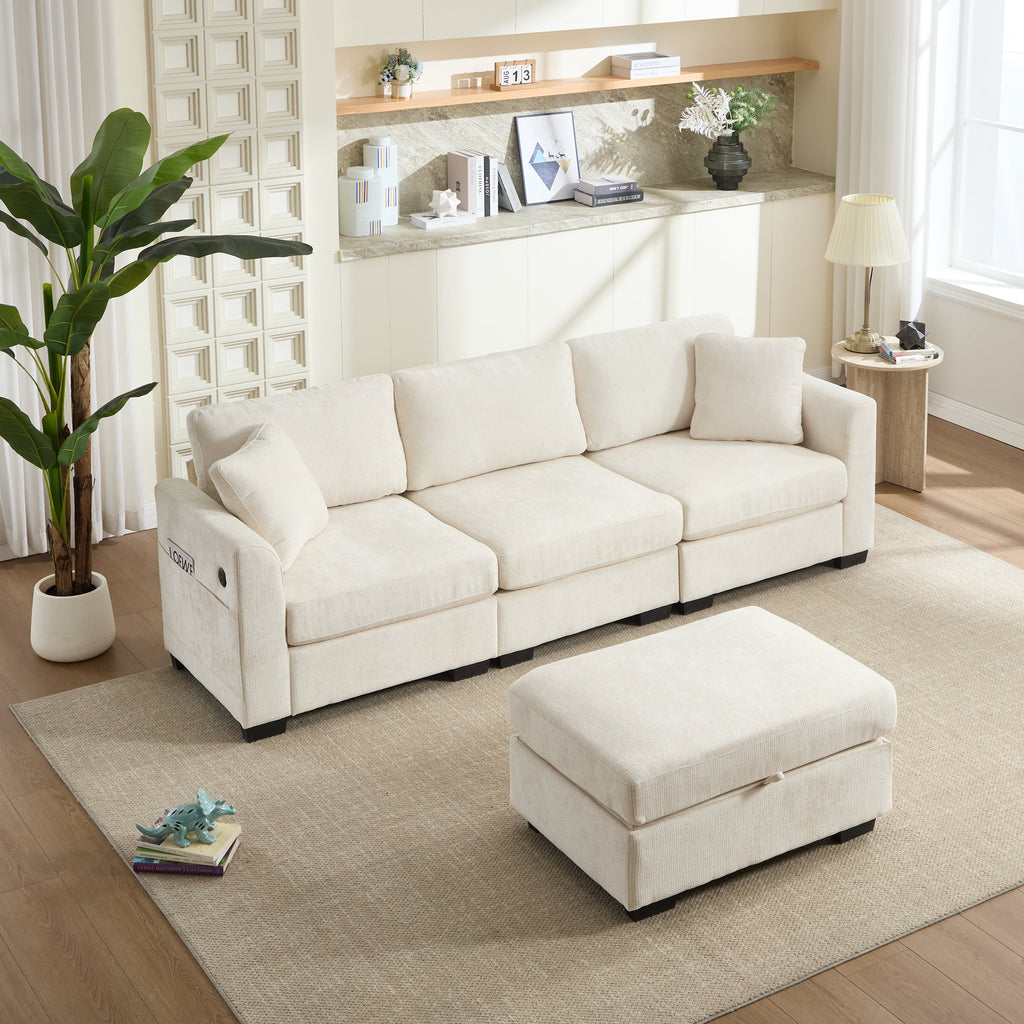 Modern Storage Sofa with Dual USB, 2 Side Pockets,Ottoman Storage Bench Cloud Sectional Chenille Sofa Oversized,4-Seat, L-Shaped Couch,Black