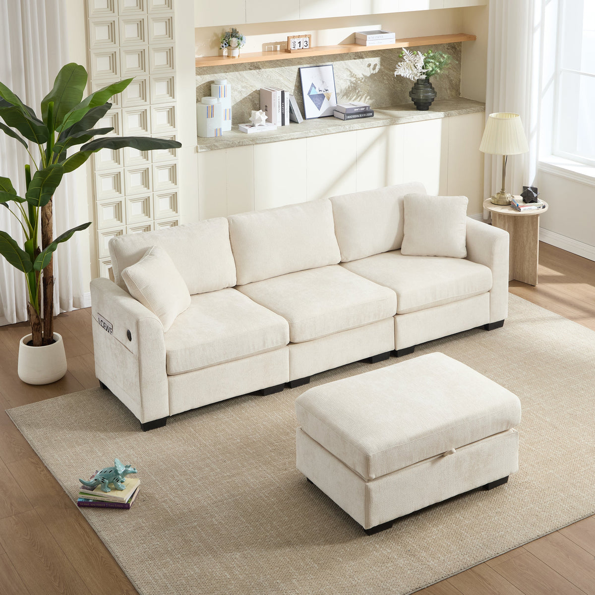Modern Storage Sofa with Dual USB, 2 Side Pockets,Ottoman Storage Bench Cloud Sectional Chenille Sofa Oversized,4-Seat, L-Shaped Couch,Black