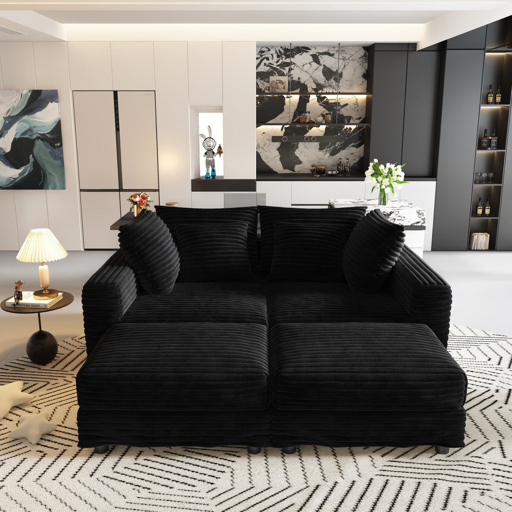 102.4 'Plush Corduroy 4-Seat Sofa,Modern Comfy Upholstered Sofa Cloud Couch,Deep Seat Couches with Soft Pillows and 3 Ottomans,Convertible Sofa Lounge Chair,Black(Old SKU:W1885S00287)