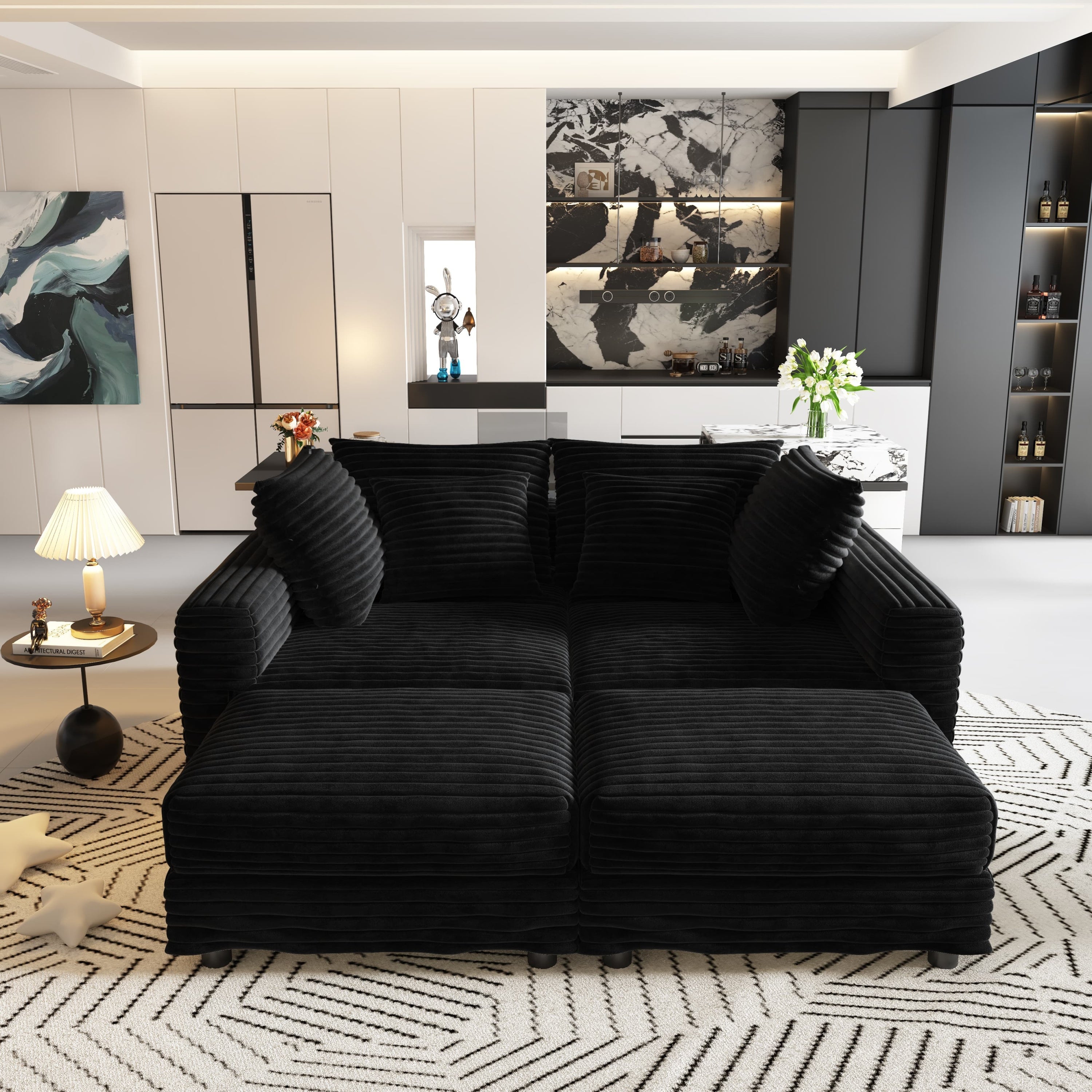 102.4 'Plush Corduroy 4-Seat Sofa,Modern Comfy Upholstered Sofa Cloud Couch,Deep Seat Couches with Soft Pillows and 3 Ottomans,Convertible Sofa Lounge Chair,Black(Old SKU:W1885S00287)