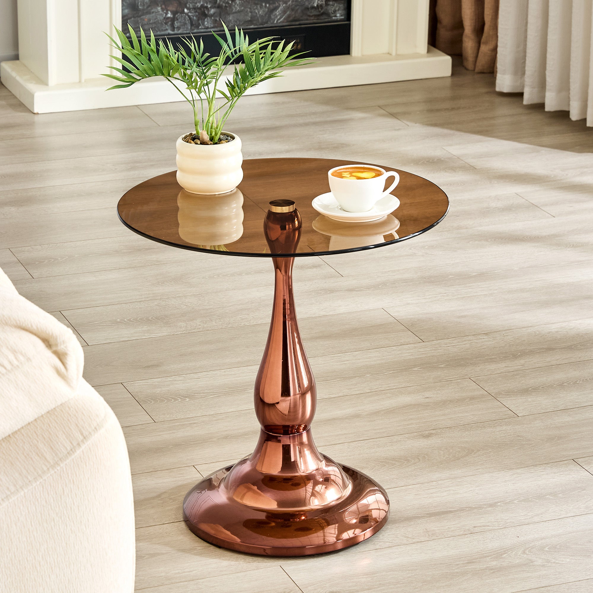 Round side table rose gold metal base with 19.6 inch glass top overview