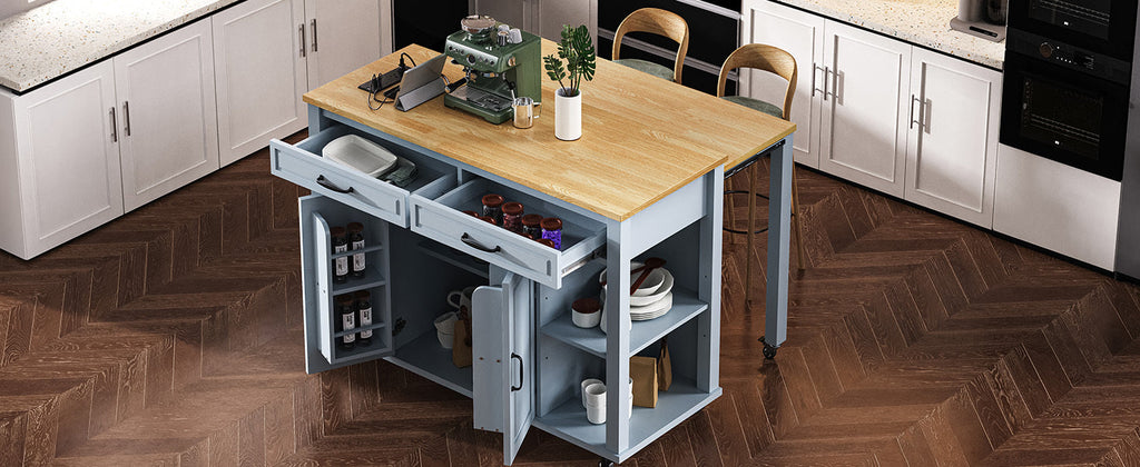 K&K 47 inch Kitchen Island with Extendable Dining Table, Rubber Wood Veneer Kitchen Table with Internal Storage Rack, Power Outlet, Kitchen island with Storage 2 Drawers 2 Cabinet, Black