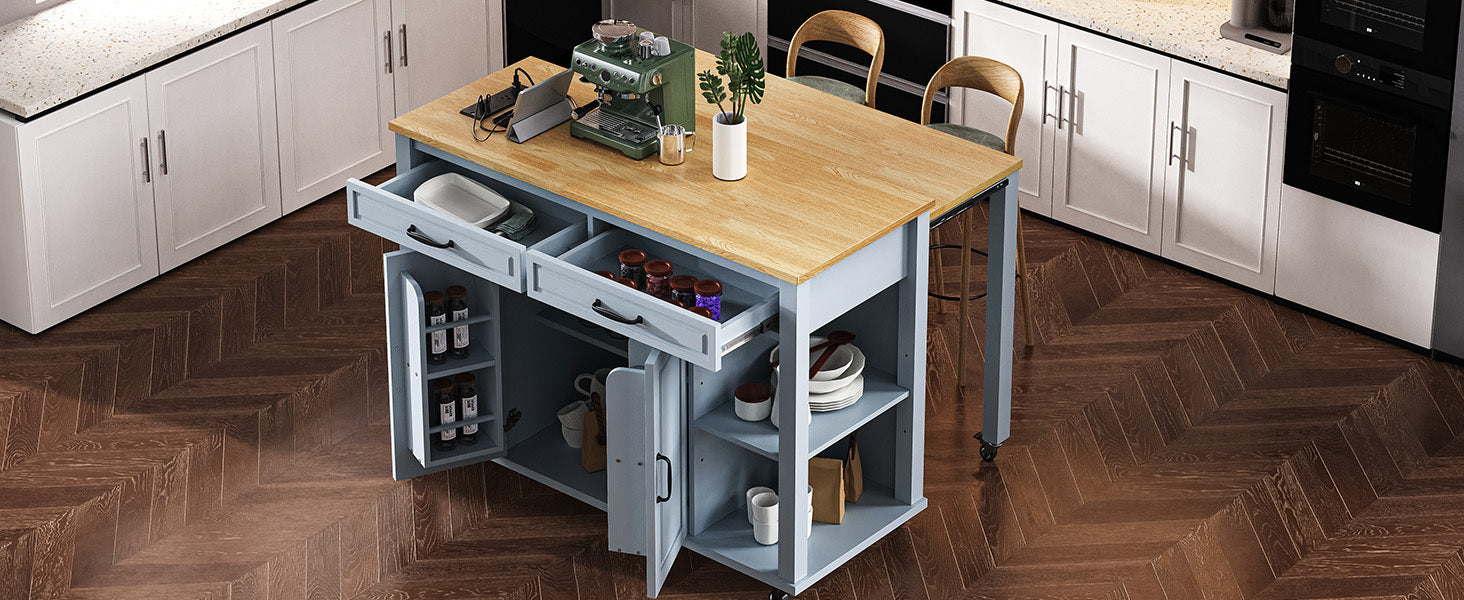 K&K 47 inch Kitchen Island with Extendable Dining Table, Rubber Wood Veneer Kitchen Table with Internal Storage Rack, Power Outlet, Kitchen island with Storage 2 Drawers 2 Cabinet, Black