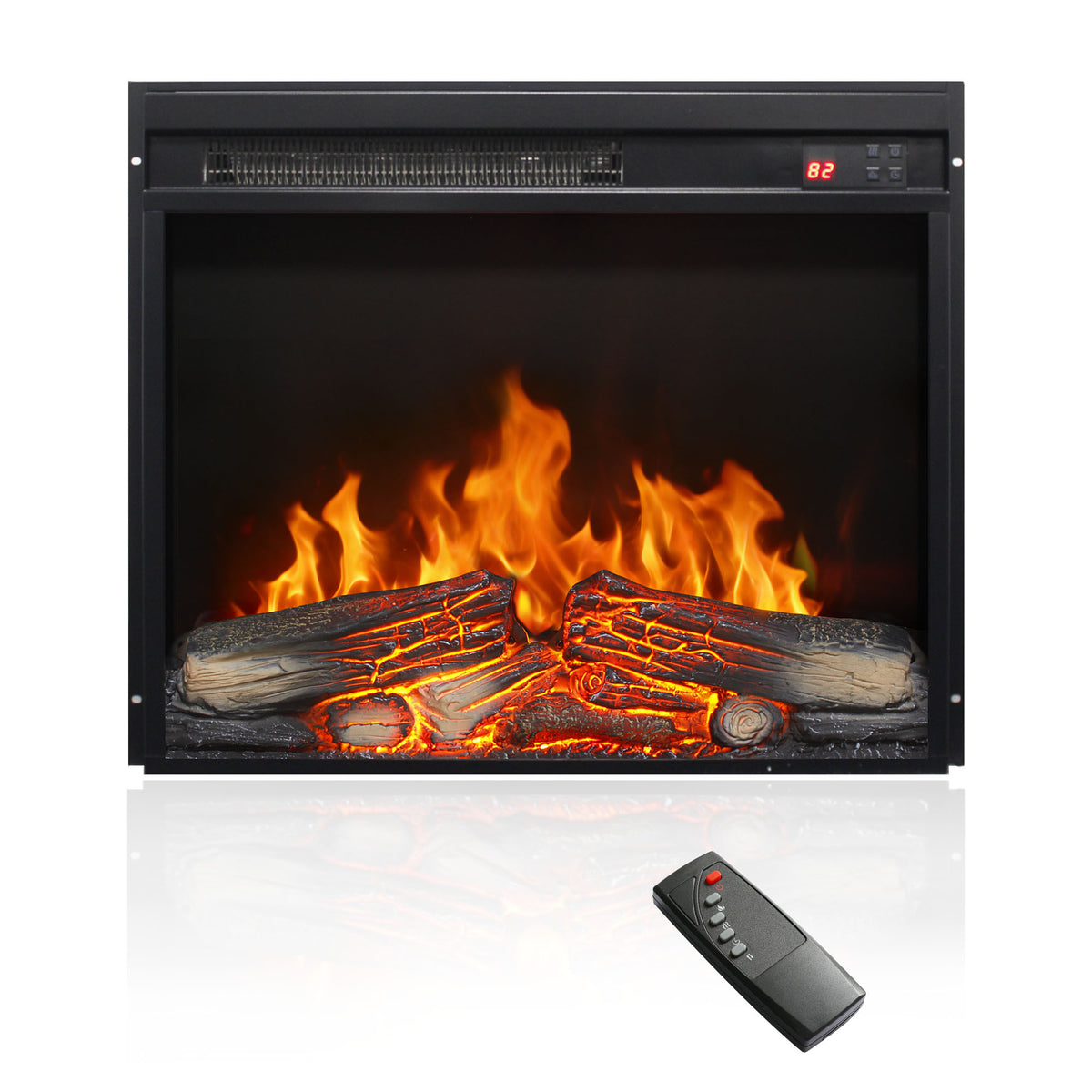 23 inch electric fireplace insert, ultra thin heater with log set & realistic flame, remote control with timer, overheating protection