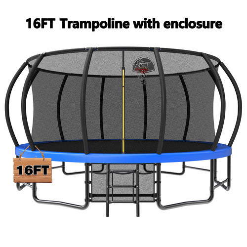 Outdoor trampoline dimensions diagram 16 ft diameter six legs — spec view