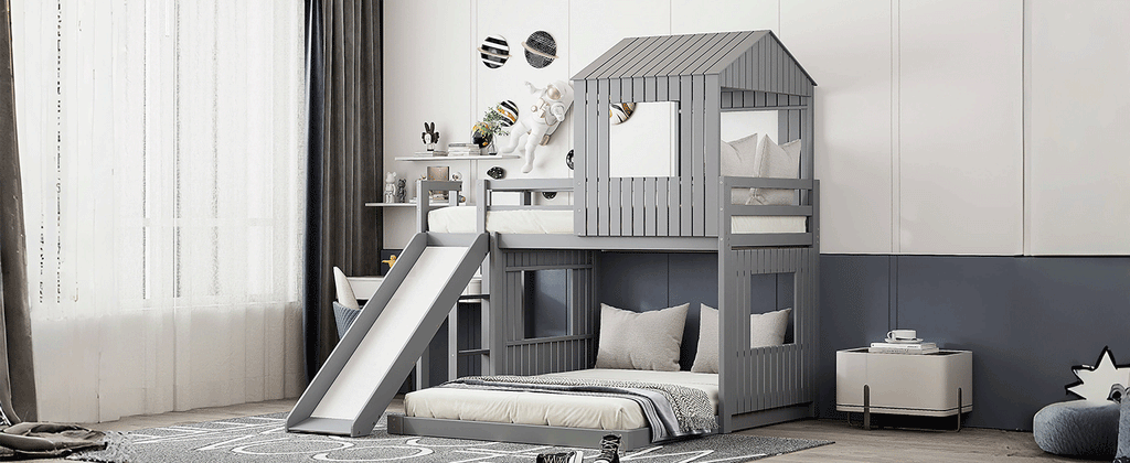 Gray twin over full playhouse bunk bed with loft slide and ladder — product photo