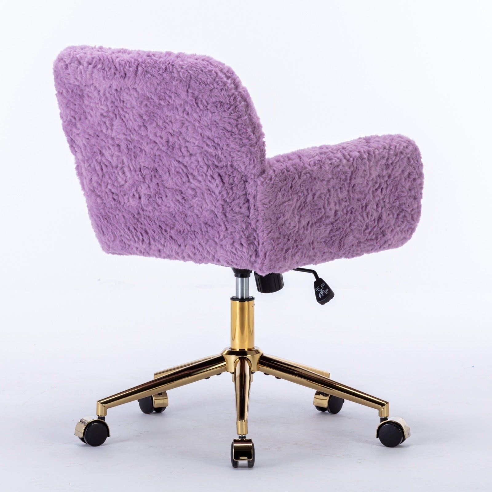 Gold metal base and wheel detail on violet office chair