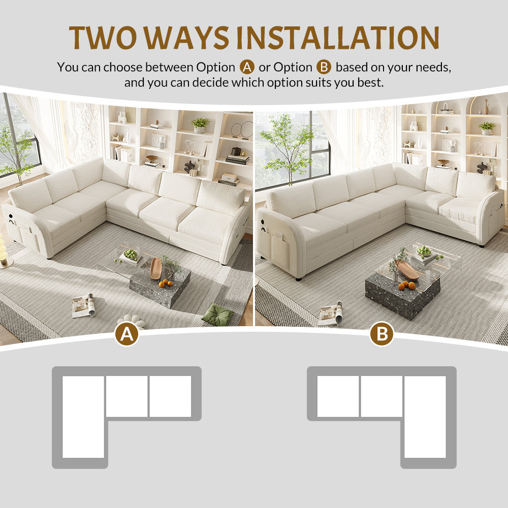 115.2' L-Shaped Sofa Couch with Pull-Out Bed,Oversize Convertible Sleeper Sofa with side Pocket & USB Port,Teddy Upholstered Sectional Couches with Convert Left/Right Facing, Light Grey