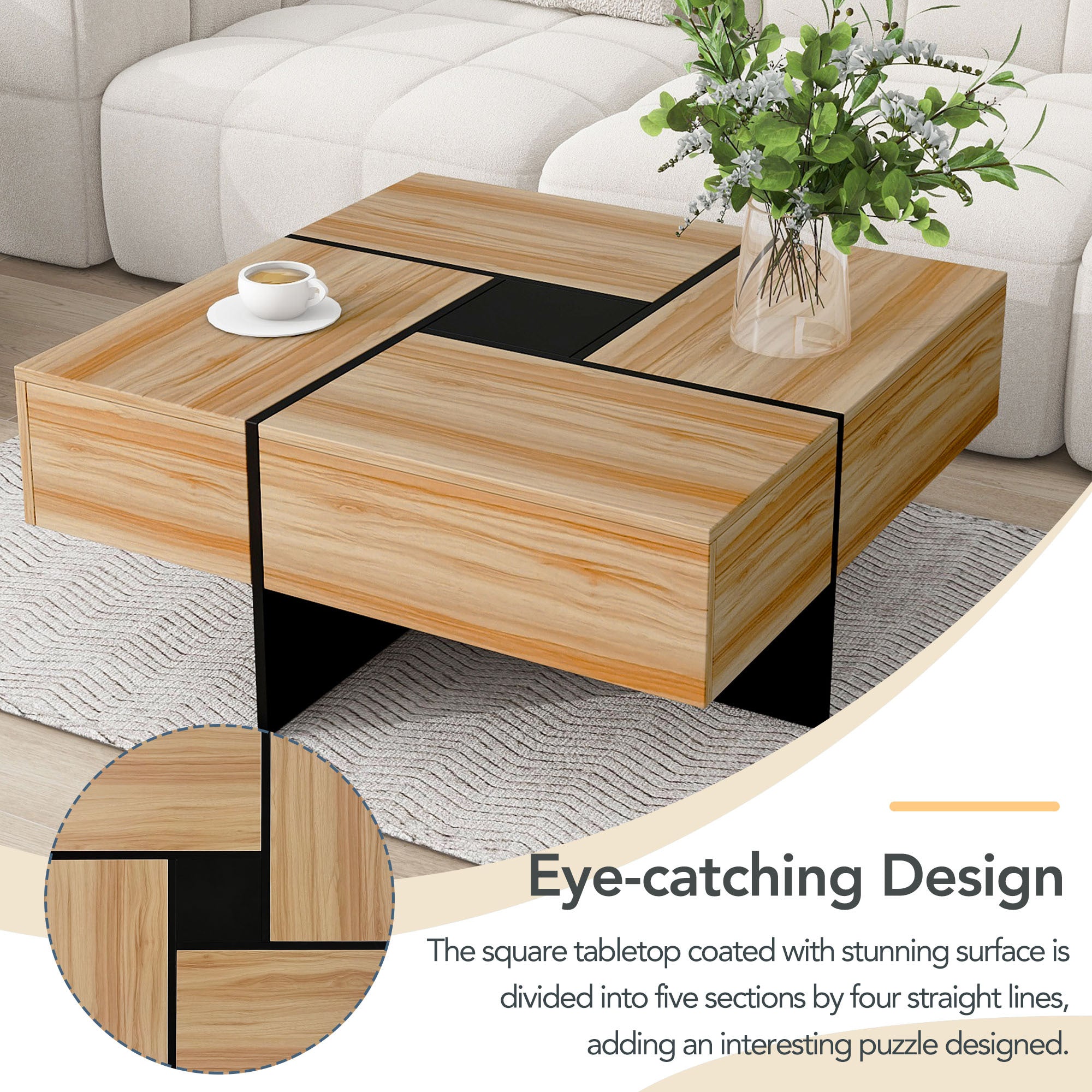 Sliding top coffee table four hidden compartments open