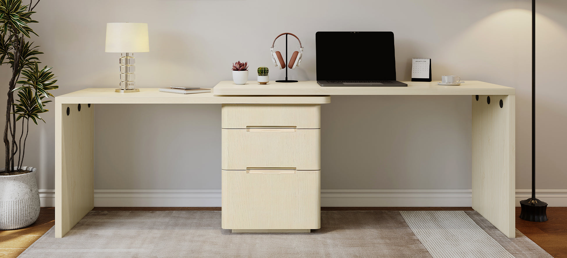 Rotating desktop mechanism and wood grain detail