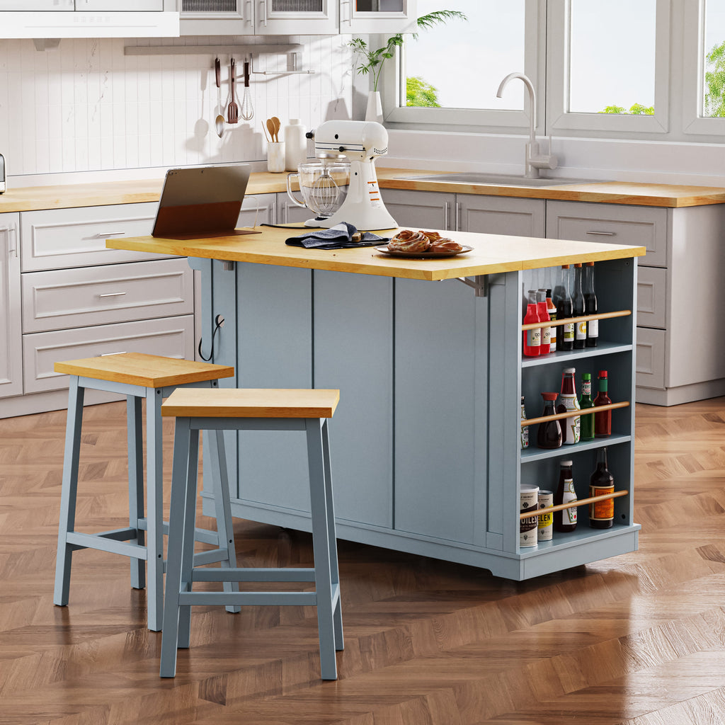 K&K 53inch Large Kitchen Island with Drop Leaf,Power Outlet,Door Internal Storage Rack,Rolling Kitchen Cart on 5 Wheels with 5 Open Side Racks for Kitchen,Black(Two Packages)(Stools not included)