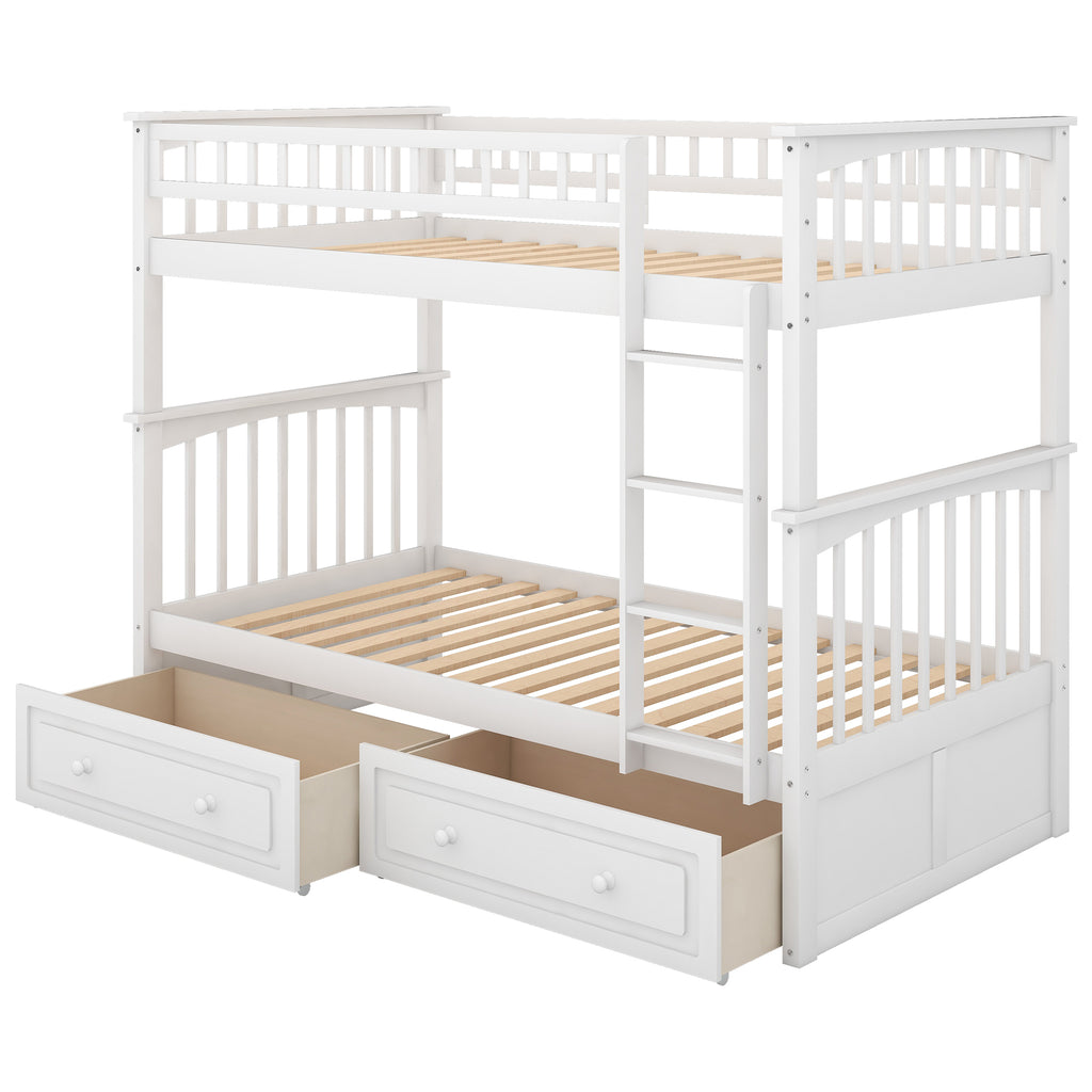 White twin over twin convertible bunk bed with drawers — front view