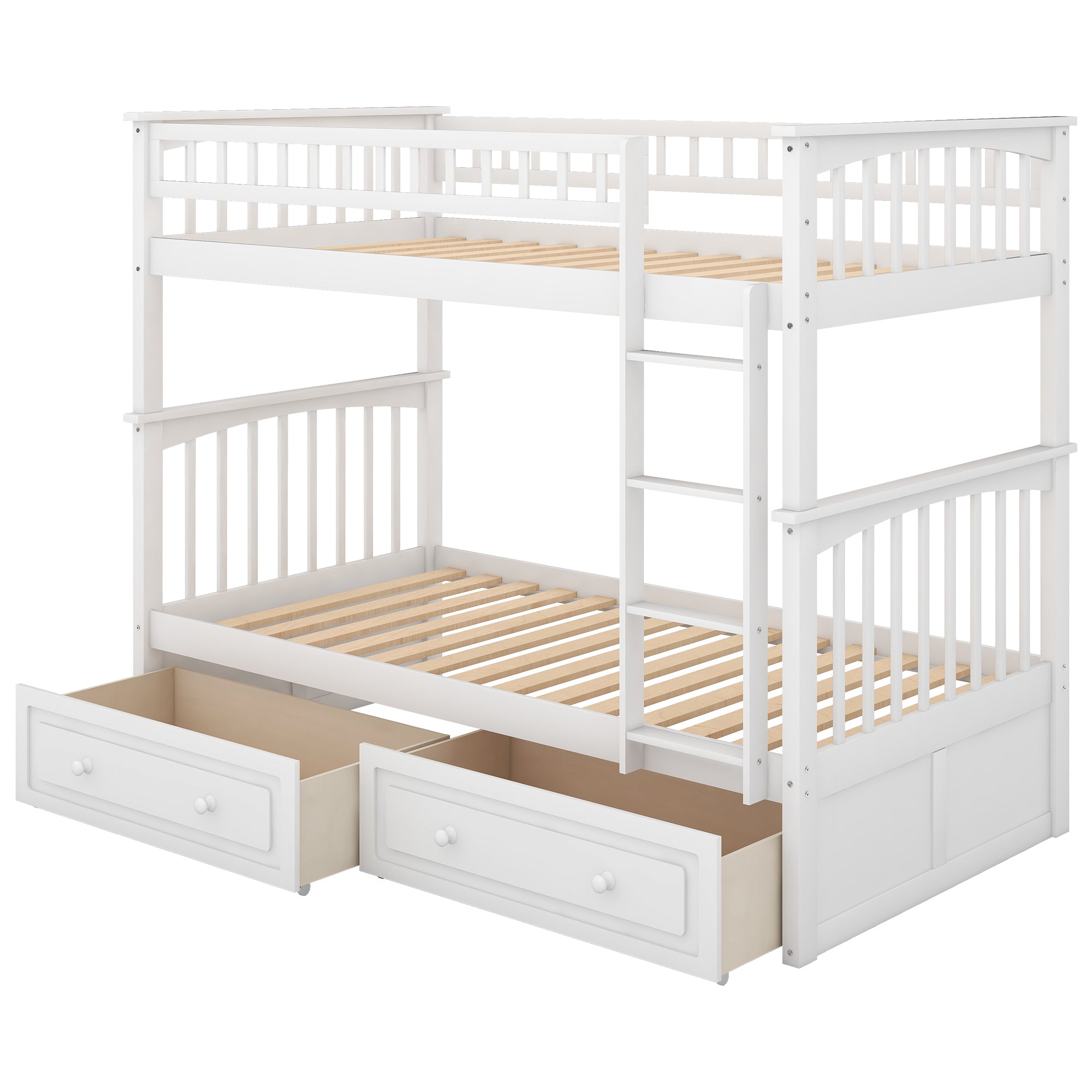 White twin over twin convertible bunk bed with drawers — front view