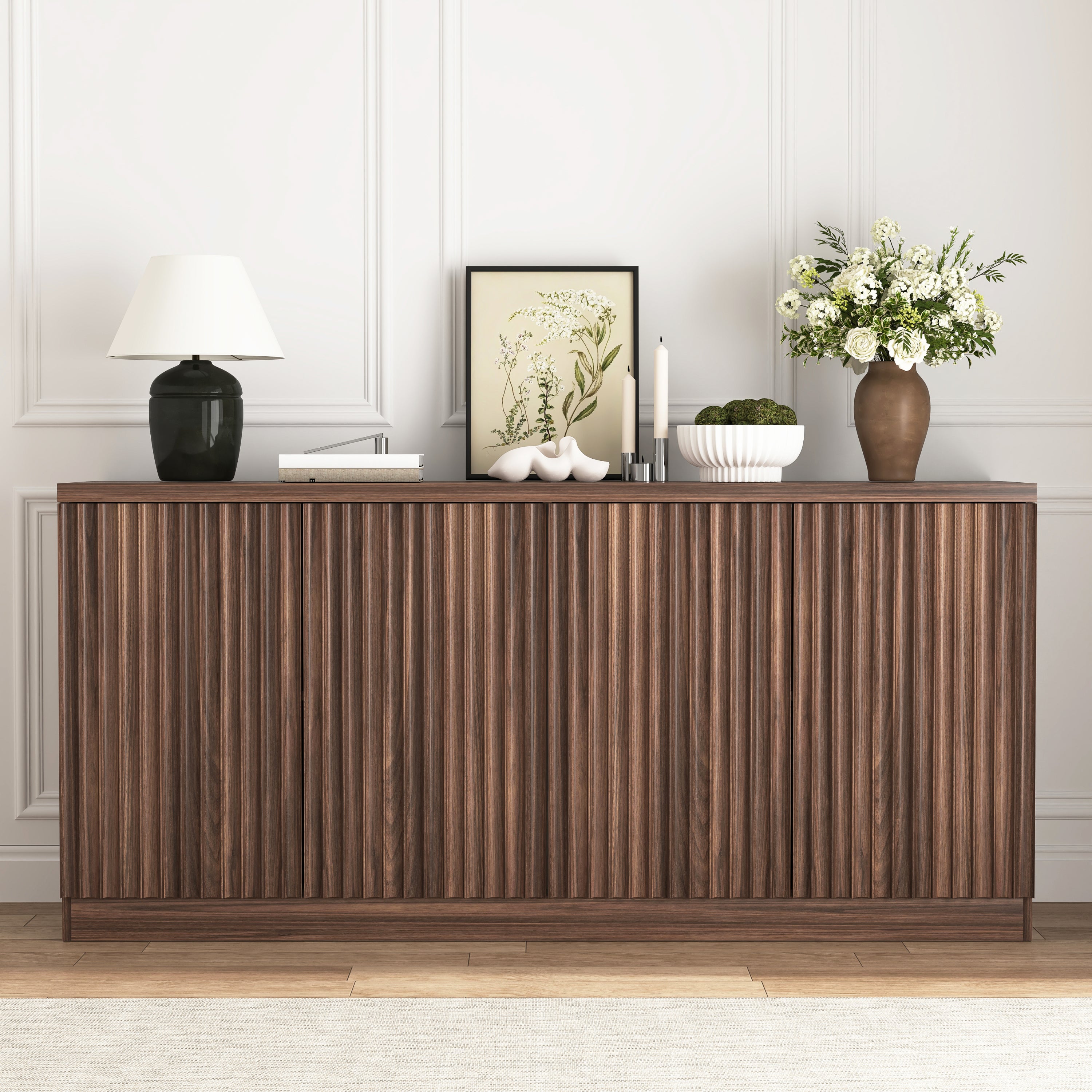 Buffet Cabinet with Storage, 62.60' Sideboard Cabinet with 4 Doors & Shelves, Wooden Kitchen Coffee Bar Credenza Storage for Living Room, Hallway Walnut