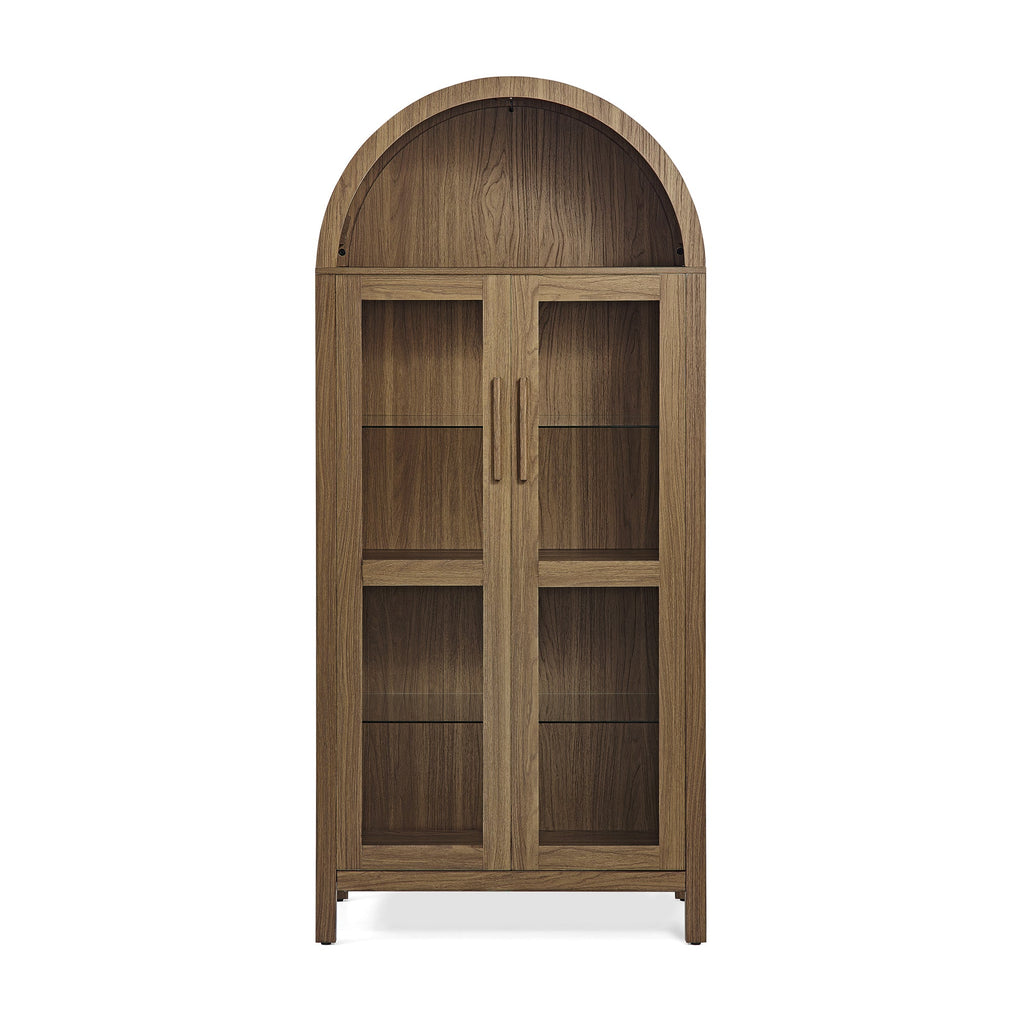 A high arched storage cabinet with a lamp, a modern retro-style wooden storage cabinet with adjustable glass partitions, suitable for use as a multi-functional cabinet in kitchens-Black