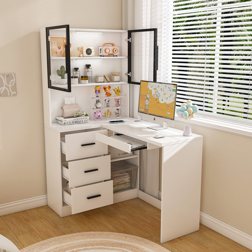 Computer desk three drawers and under-desk shelf storage