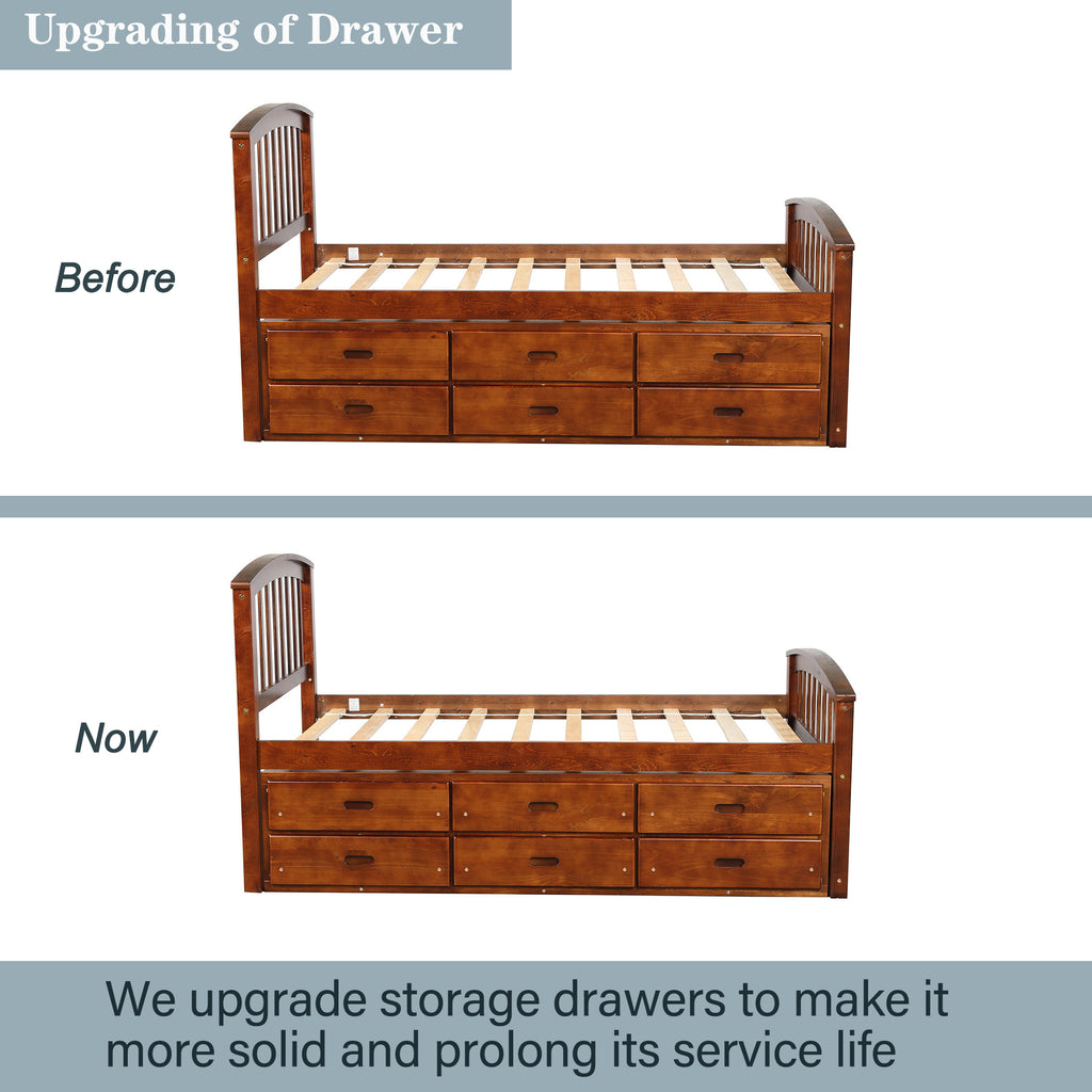 Walnut finish twin platform bed detail