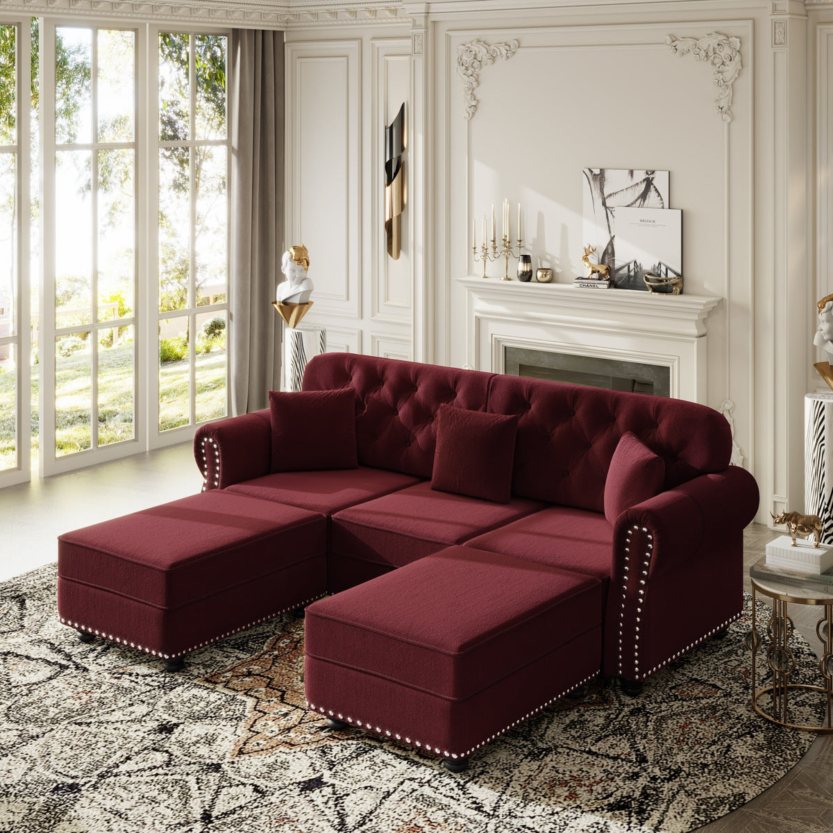 82.6'Upholstered Velvet Sofa with Nailhead Trim and Rolled Armrests,Mid-Century Modern Chesterfield Sofa with Button Tufted,Includes 3 Pillows,Burgundy