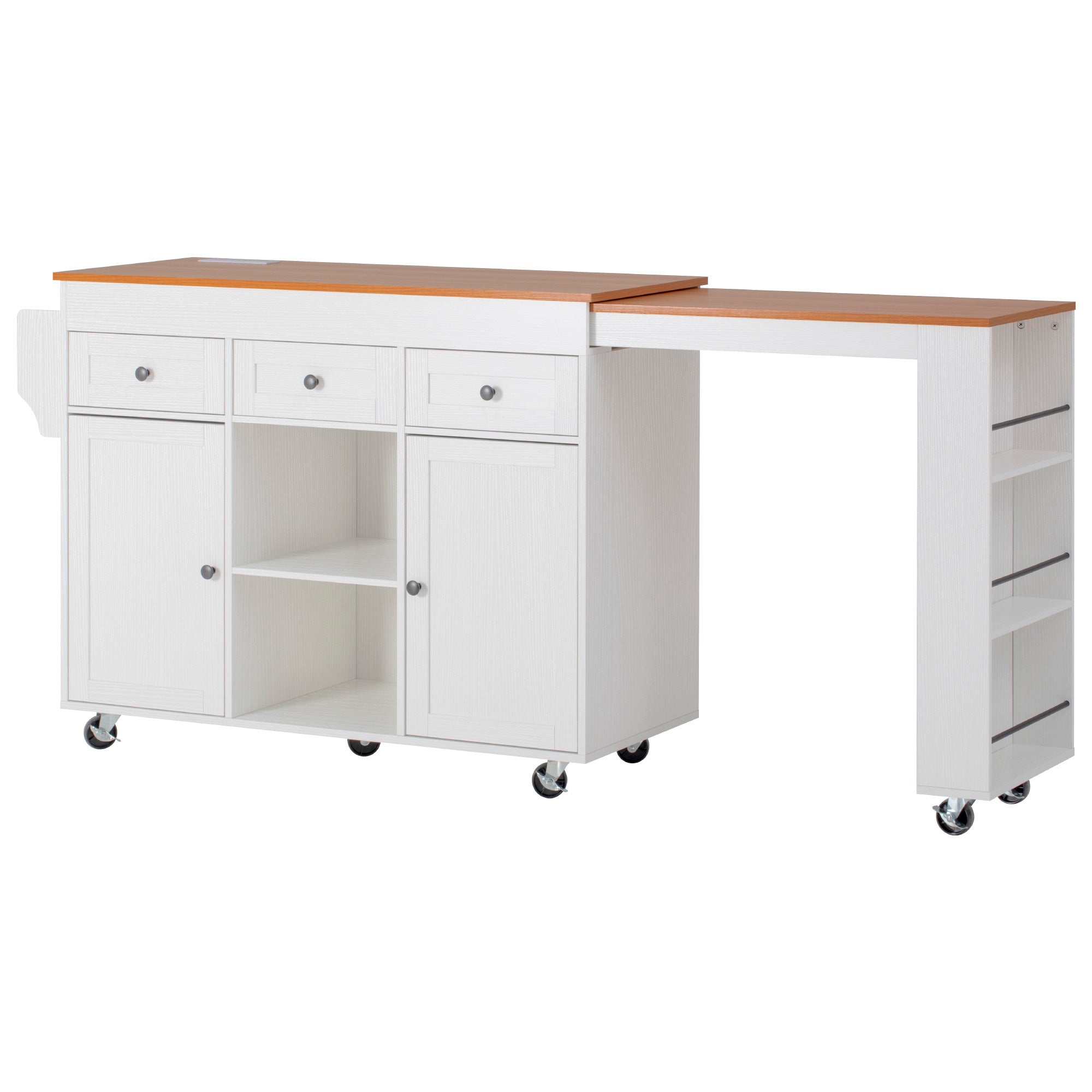 K&K 85.5' Kitchen Island with Extendable Dining Table, Kitchen Storage Table with 3 Side Open Shelves, Rolling Kitchen Island with Power Outlet, 3 Drawers, 2 Doors, for Kitchen, Dining Room, Black