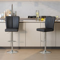 Modern Black PU Bar Stool Set - 2-Piece, featuring vertical and smooth-lined backrests with trumpet-shaped silver metal legs. Ideal for placement in bars, living rooms, lounges, and similar settings.