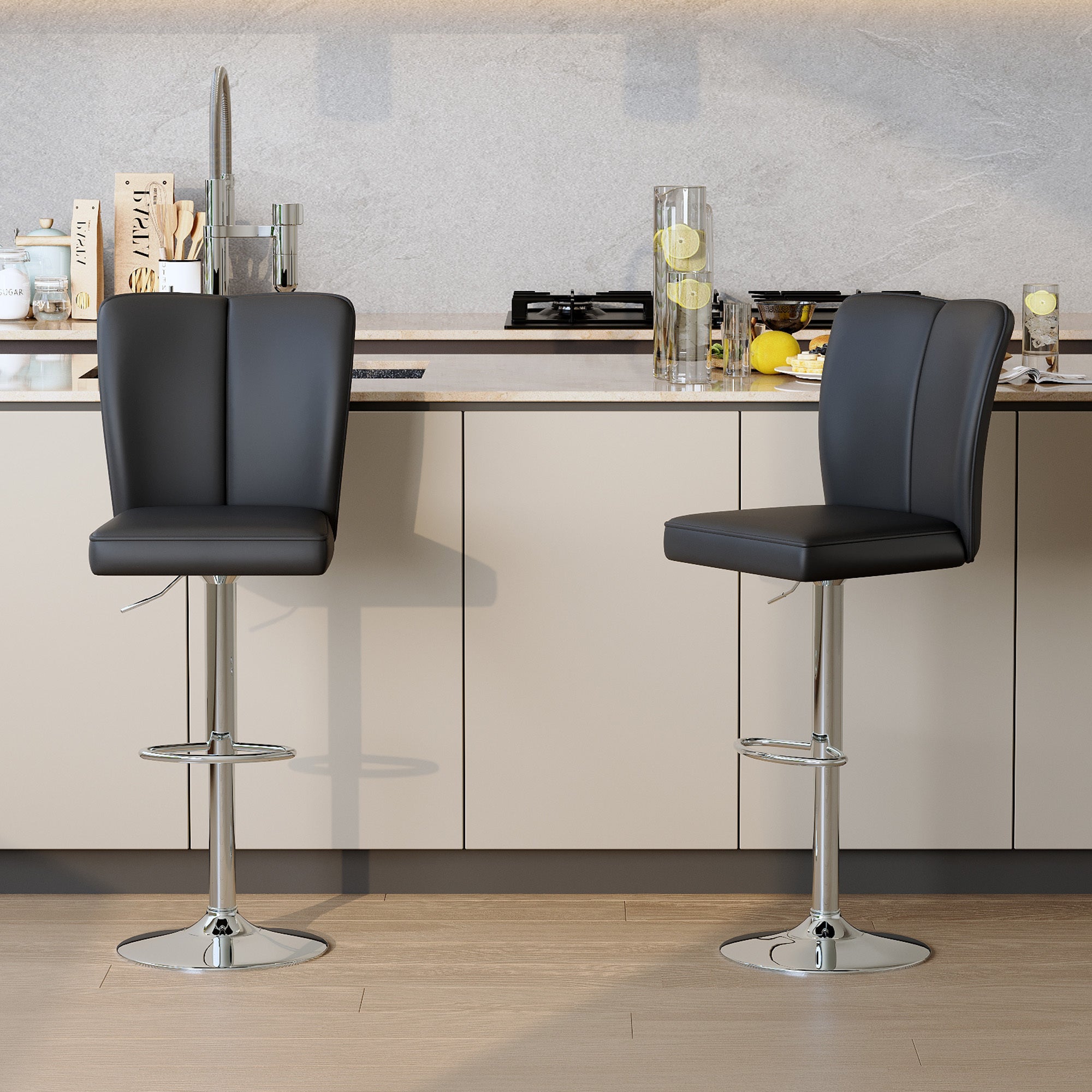 Modern Black PU Bar Stool Set - 2-Piece, featuring vertical and smooth-lined backrests with trumpet-shaped silver metal legs. Ideal for placement in bars, living rooms, lounges, and similar settings.