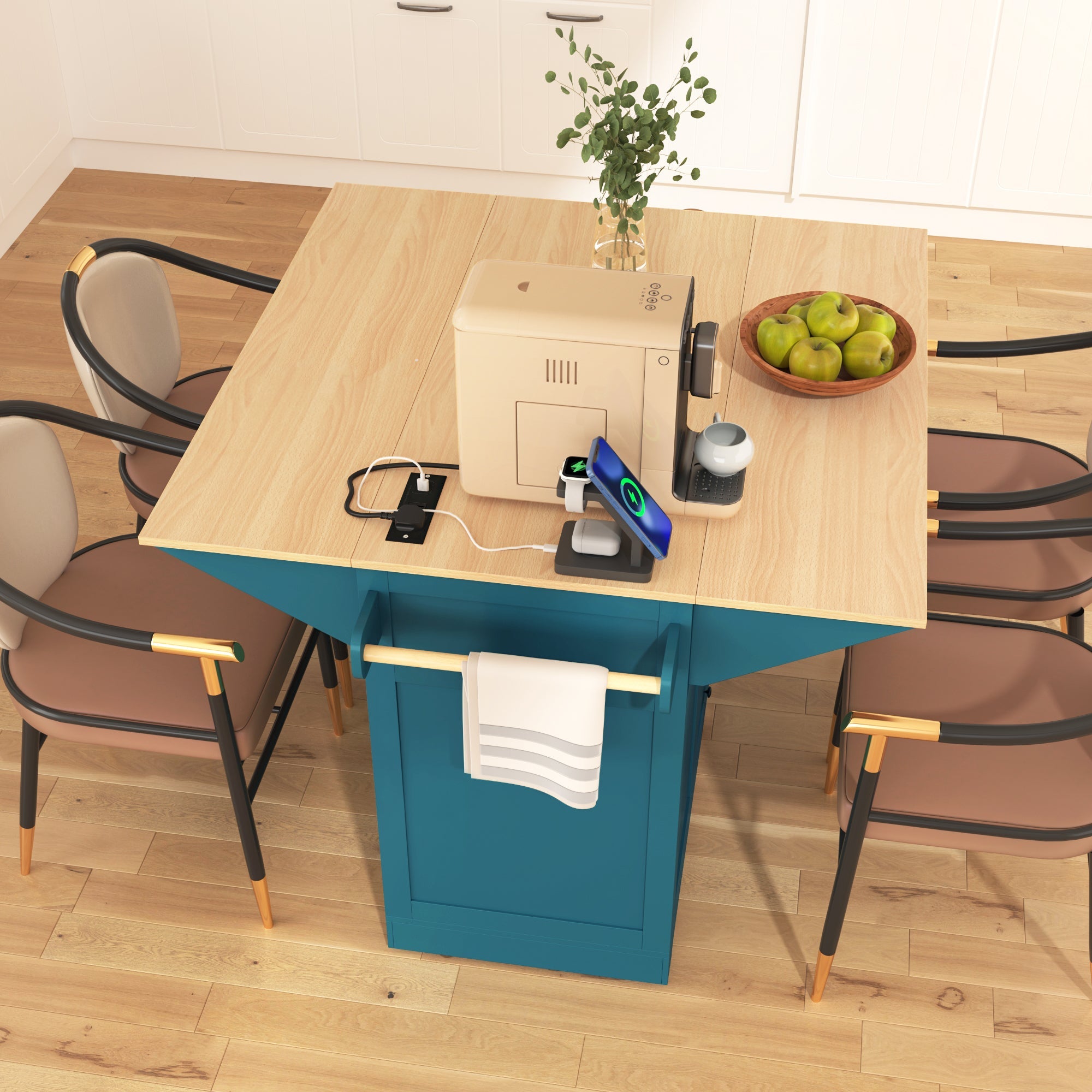 K&K 55.7'' Large Kitchen Island with 2 Drop Leaf,, Rolling Kitchen Cart on 5 Wheels with Power Outlet, Folding Storage Dining Table with Spice & Towel Rack , 3 Drawers, for Kitchen, Dining Room,Black