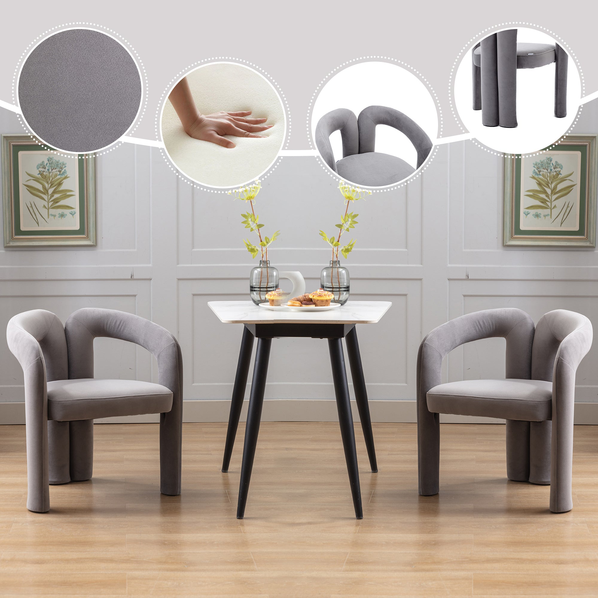 Gray velvet dining accent chair set of two — front view